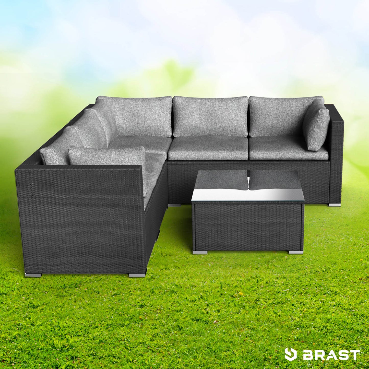 Schwarzes Polyrattan Loungemöbel Set mit grauen Kissen, L-förmige Garten Lounge Möbel und passendem Couchtisch.