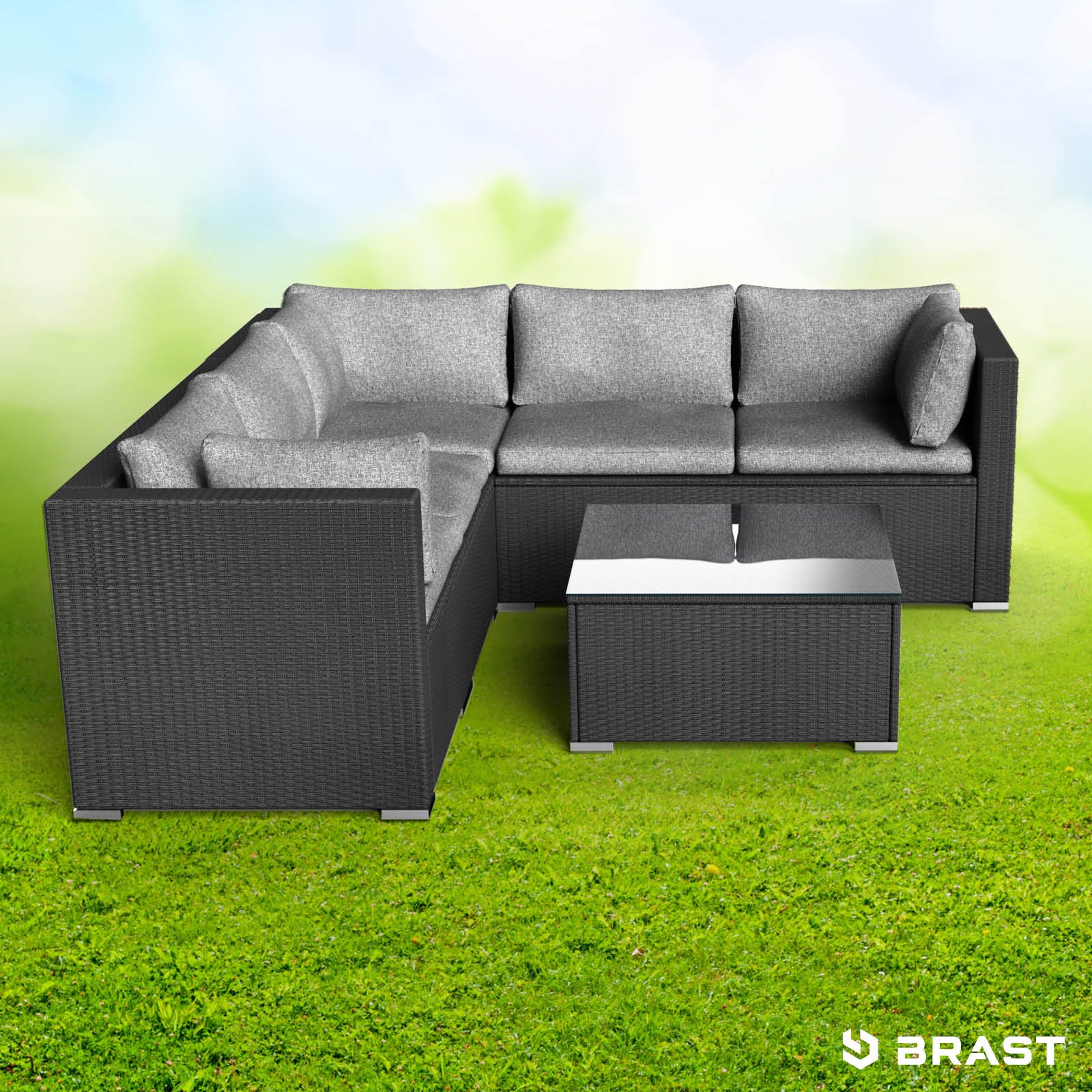 Schwarzes Polyrattan Loungemöbel Set mit grauen Kissen, L-förmige Garten Lounge Möbel und passendem Couchtisch.