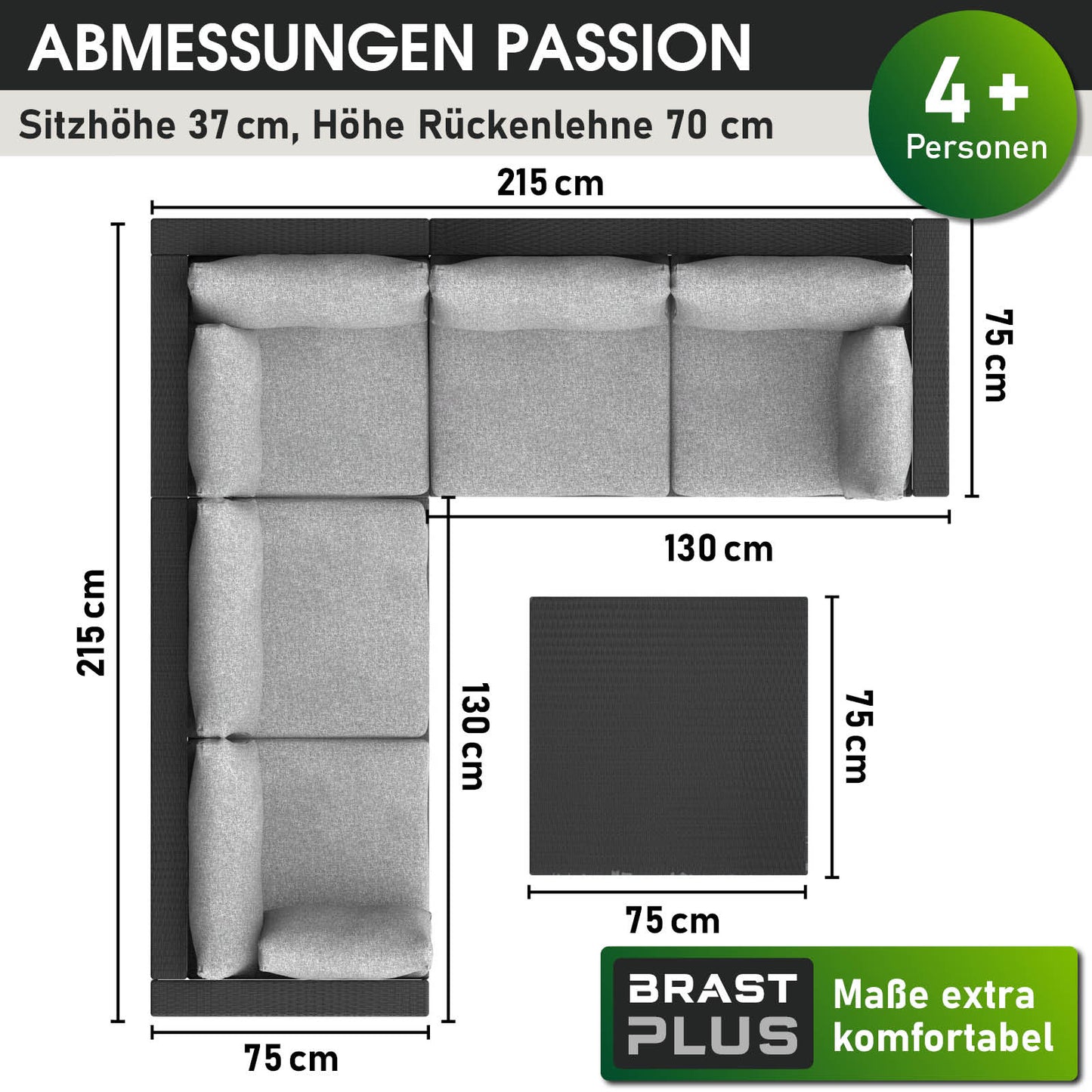 Schwarzes Polyrattan Loungemöbel Set mit L-Form, grauen Sitzkissen, garten lounge möbel.