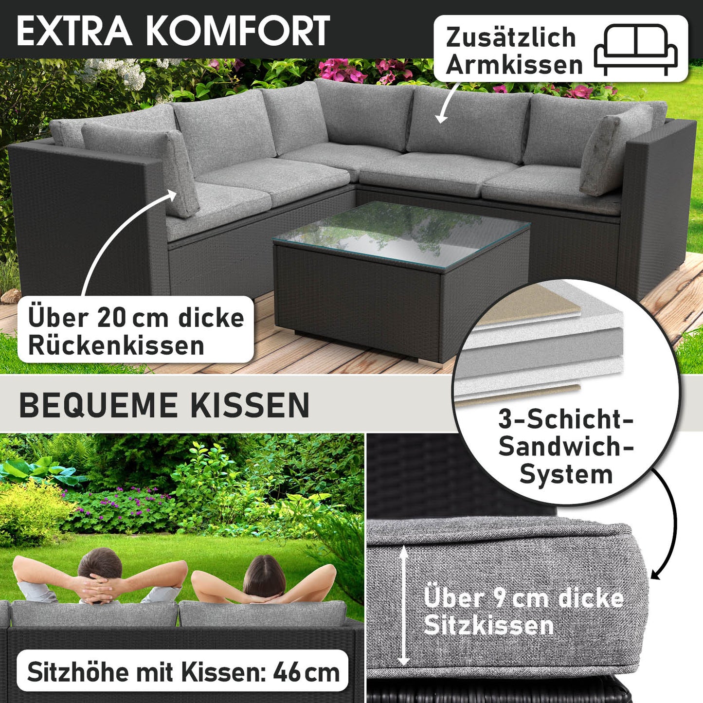 Schwarzes Polyrattan Loungemöbel Set mit dicken Rücken- und Sitzkissen, Garten Lounge Möbel.