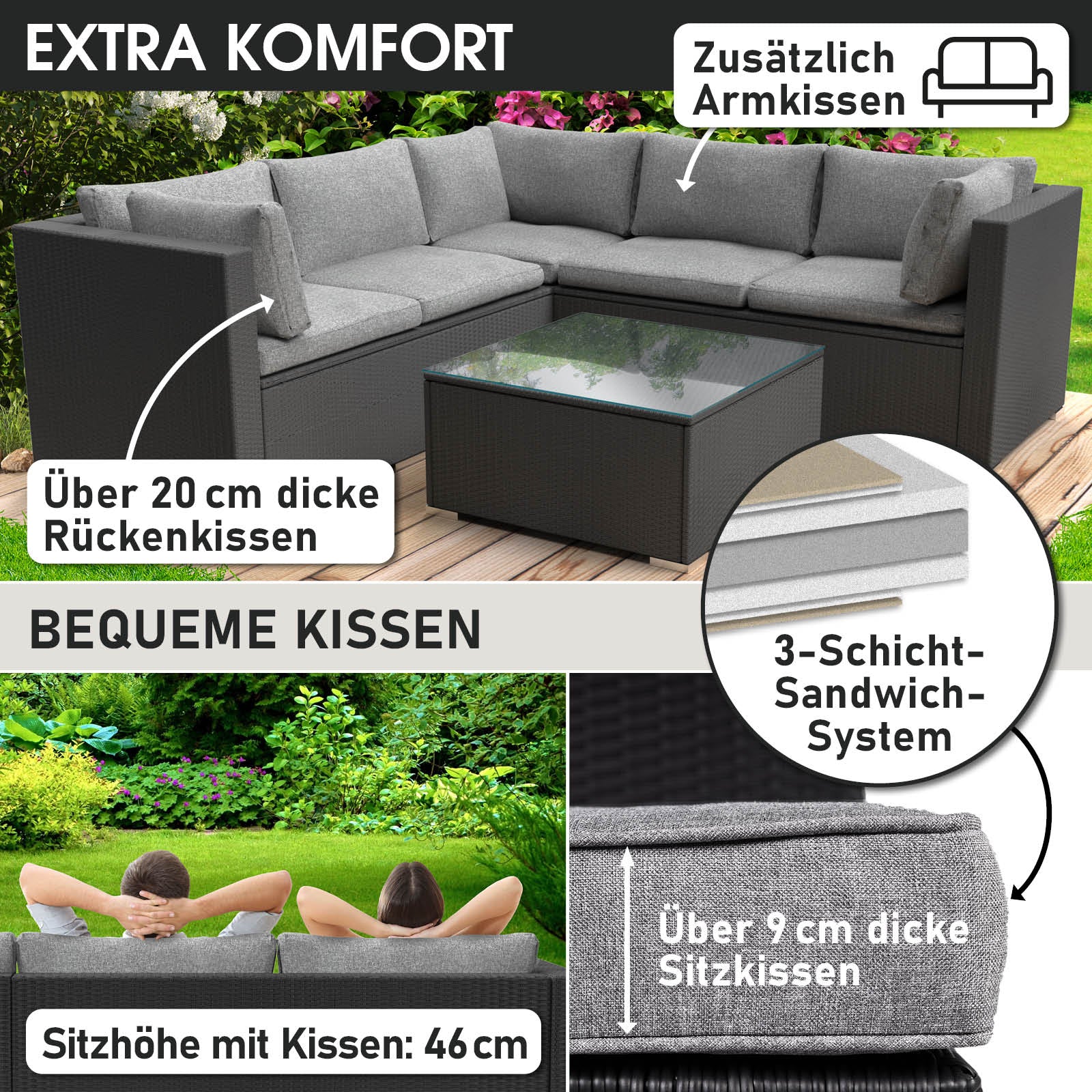 Schwarzes Polyrattan Loungemöbel Set mit dicken Rücken- und Sitzkissen, Garten Lounge Möbel.