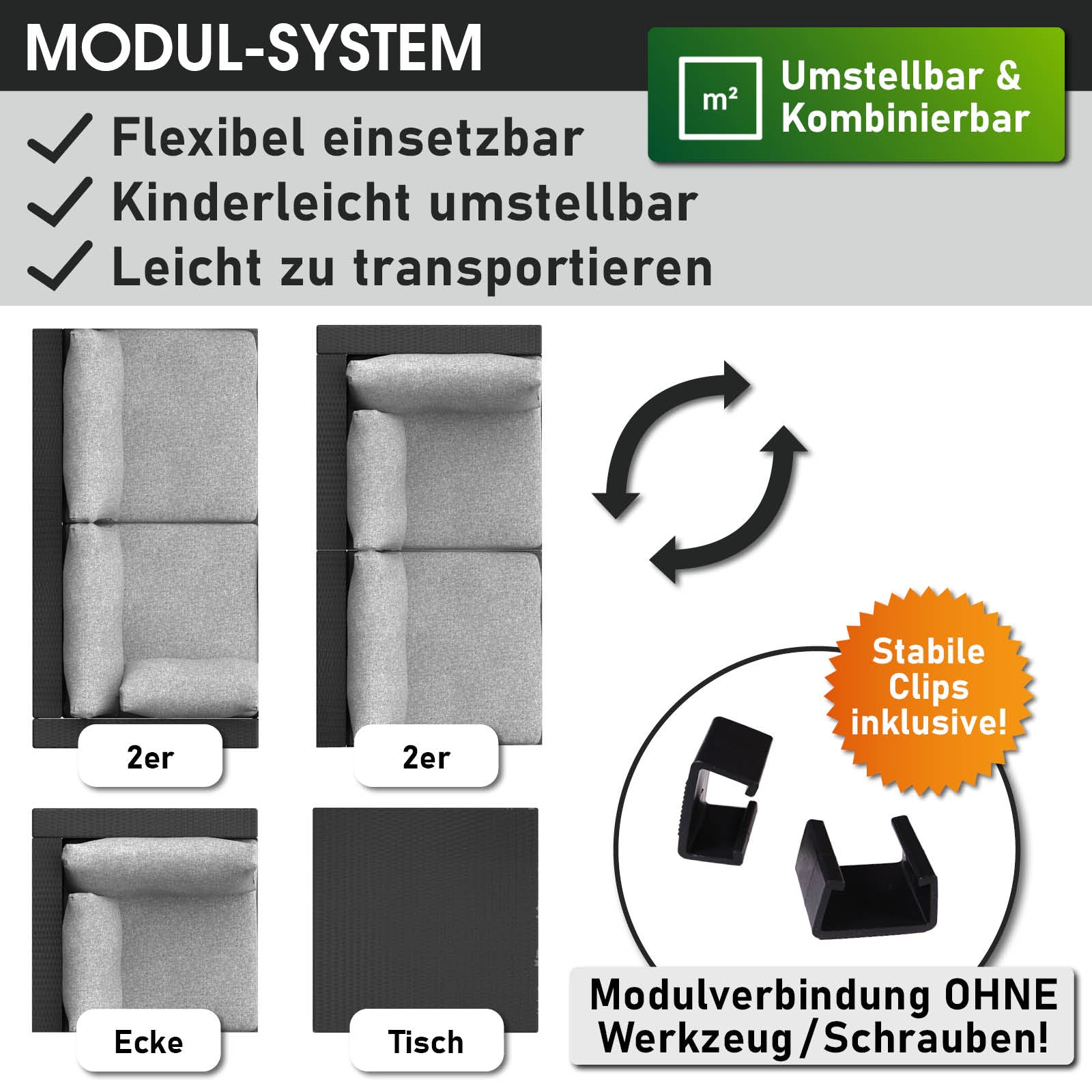 Modulares schwarzes Polyrattan Loungemöbel Set mit flexiblen Lounge Gartenmöbeln und stabilen Clips.