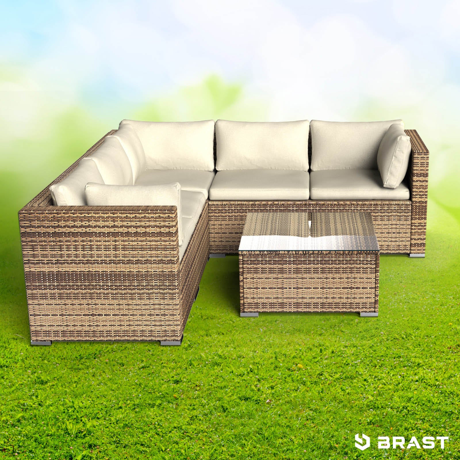 Braunes Polyrattan Loungemöbel Set mit cremefarbenen Kissen, Ecksofa und passendem Tisch, Garten Lounge Möbel.