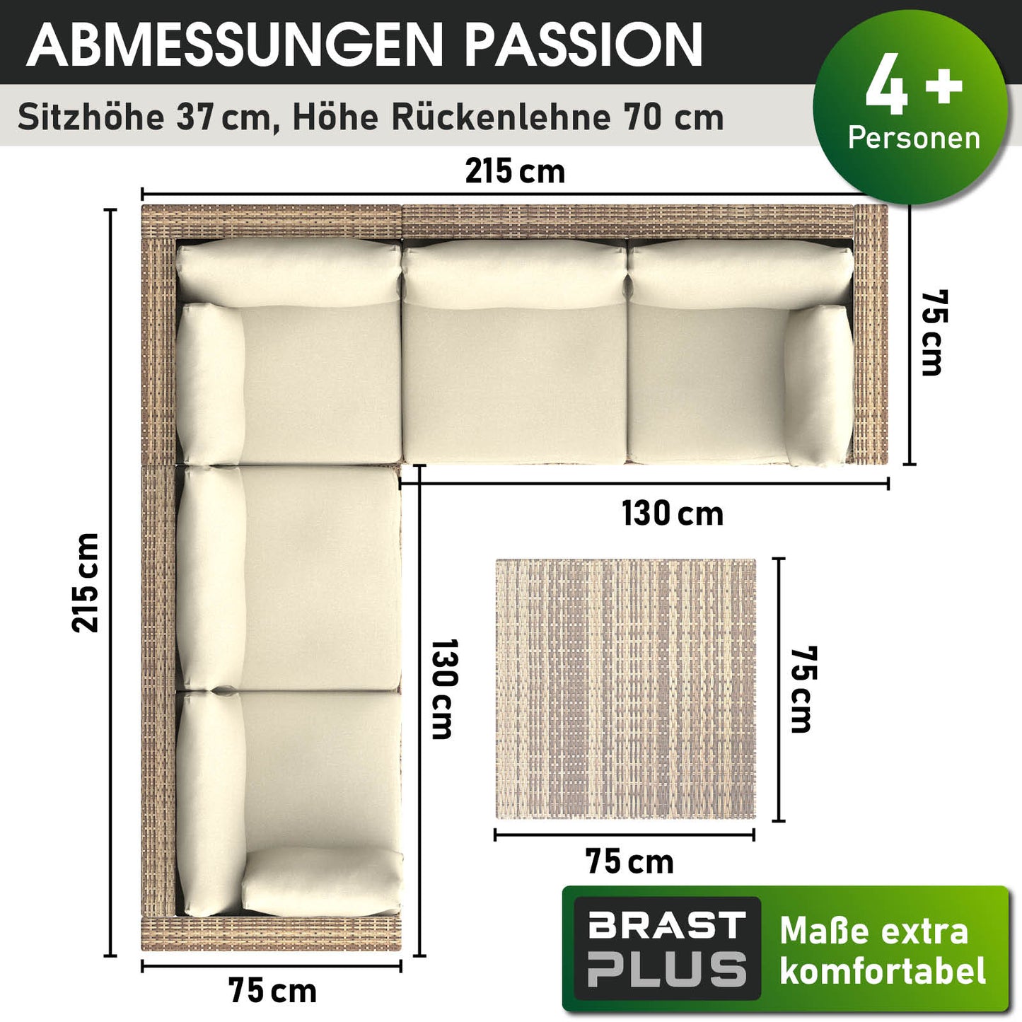 Braunes Polyrattan Loungemöbel Set mit cremefarbenen Kissen, L-Form, Lounge Gartenmöbel für 4+ Personen.