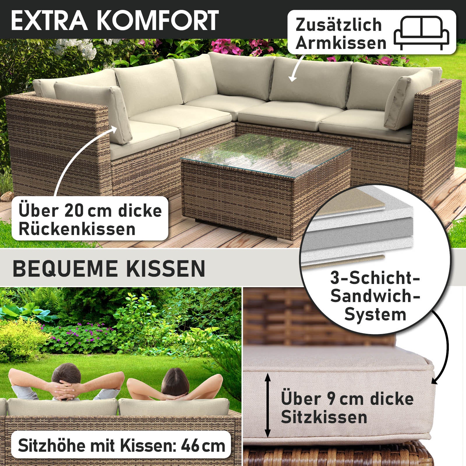 Braunes Polyrattan Loungemöbel Set mit beigen Kissen, dicke Rückenkissen für Garten Lounge Möbel.