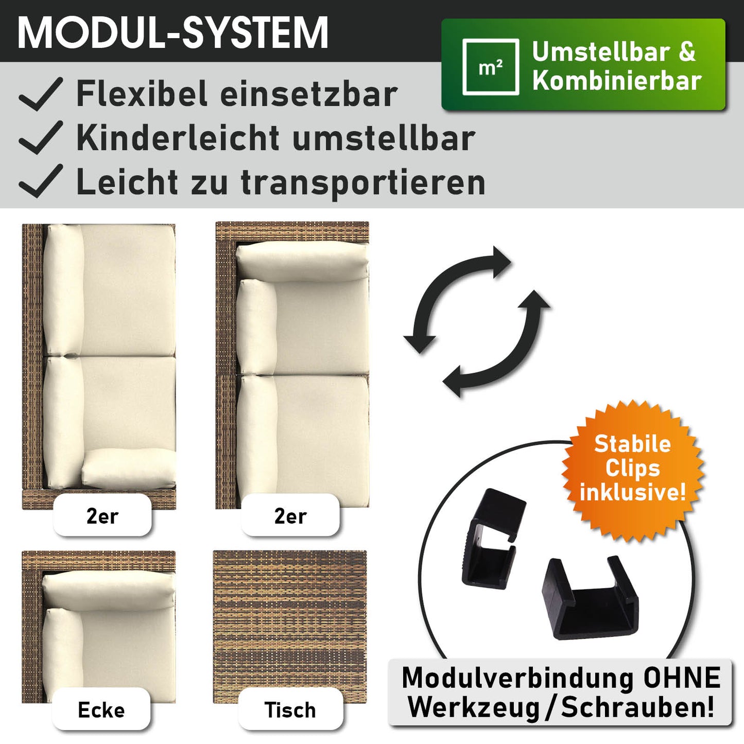 Braunes Polyrattan Loungemöbel Set mit flexiblem Modulsystem, verstellbaren Elementen und stabile Clips für Garten Lounge.
