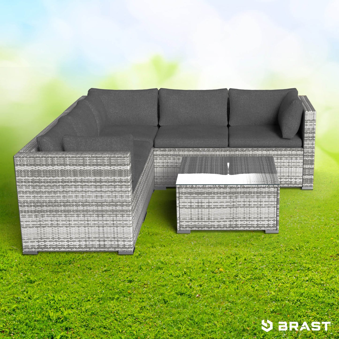 Graues Polyrattan Loungemöbel Set mit dunkelgrauen Polstern, Lounge Gartenmöbel für Terrasse und Garten.
