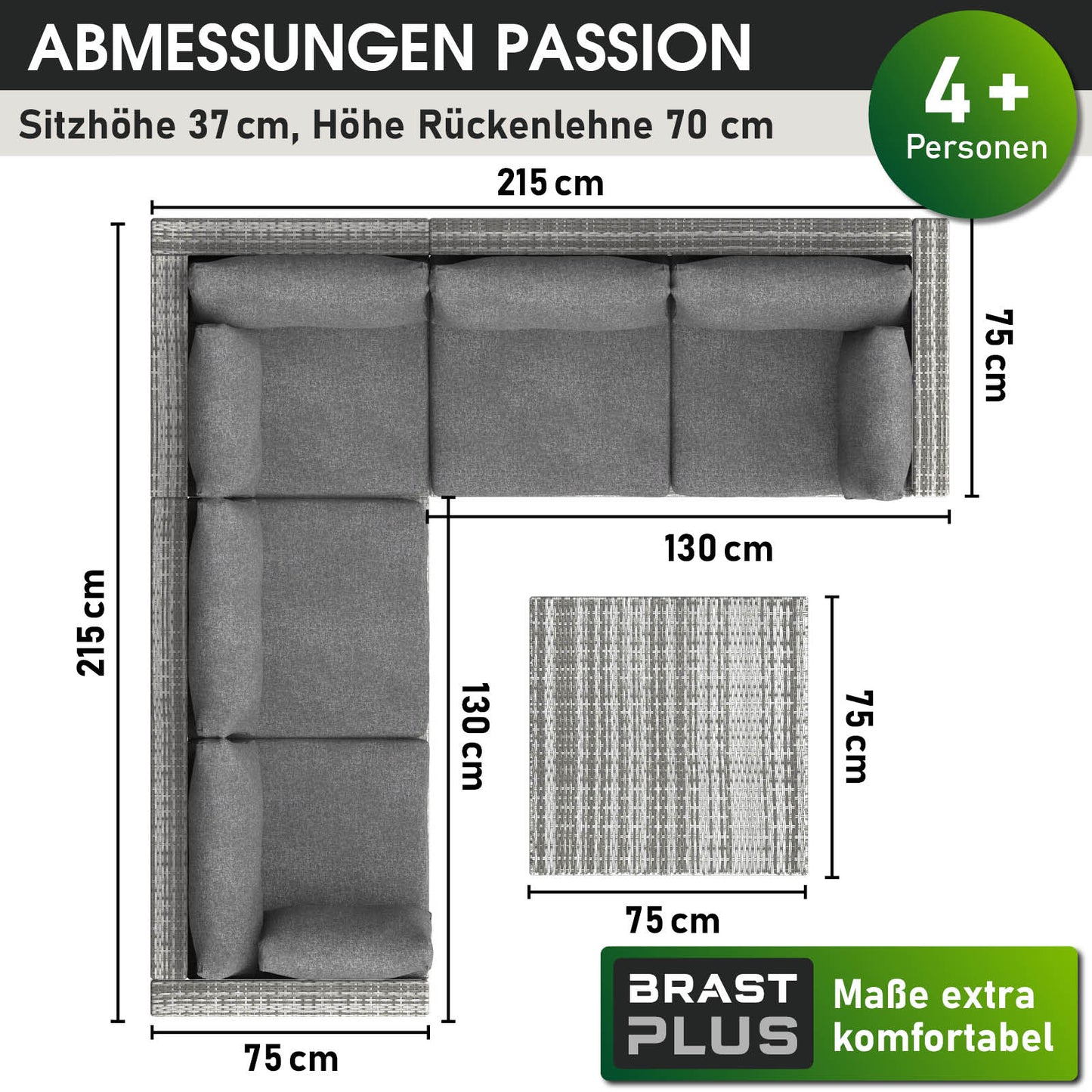 Graues Polyrattan Loungemöbel Set mit L-Form, gepolsterte Sitz- und Rückenkissen, Lounge Gartenmöbel für 4+ Personen, Rattan .
