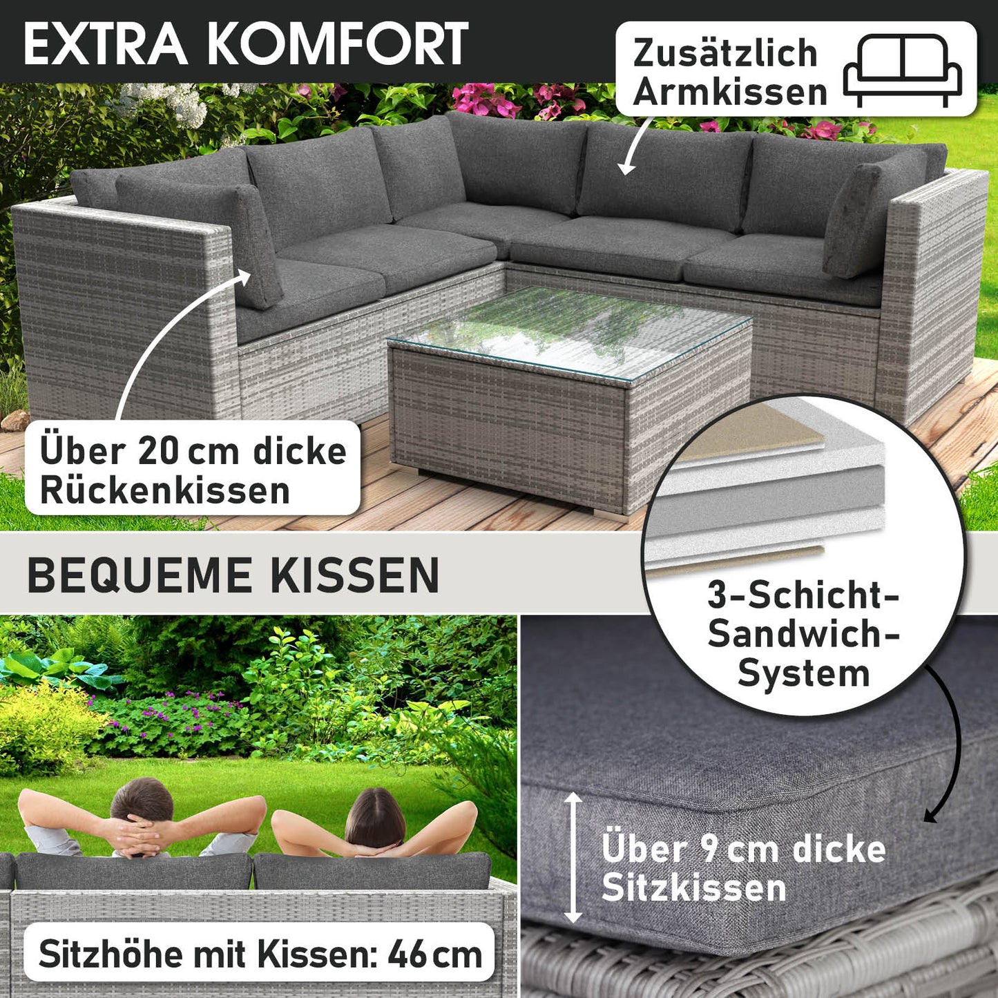 Graues Polyrattan Loungemöbel Set mit dicken Rückenkissen und Glas-Tischplatte für Lounge Gartenmöbel.
