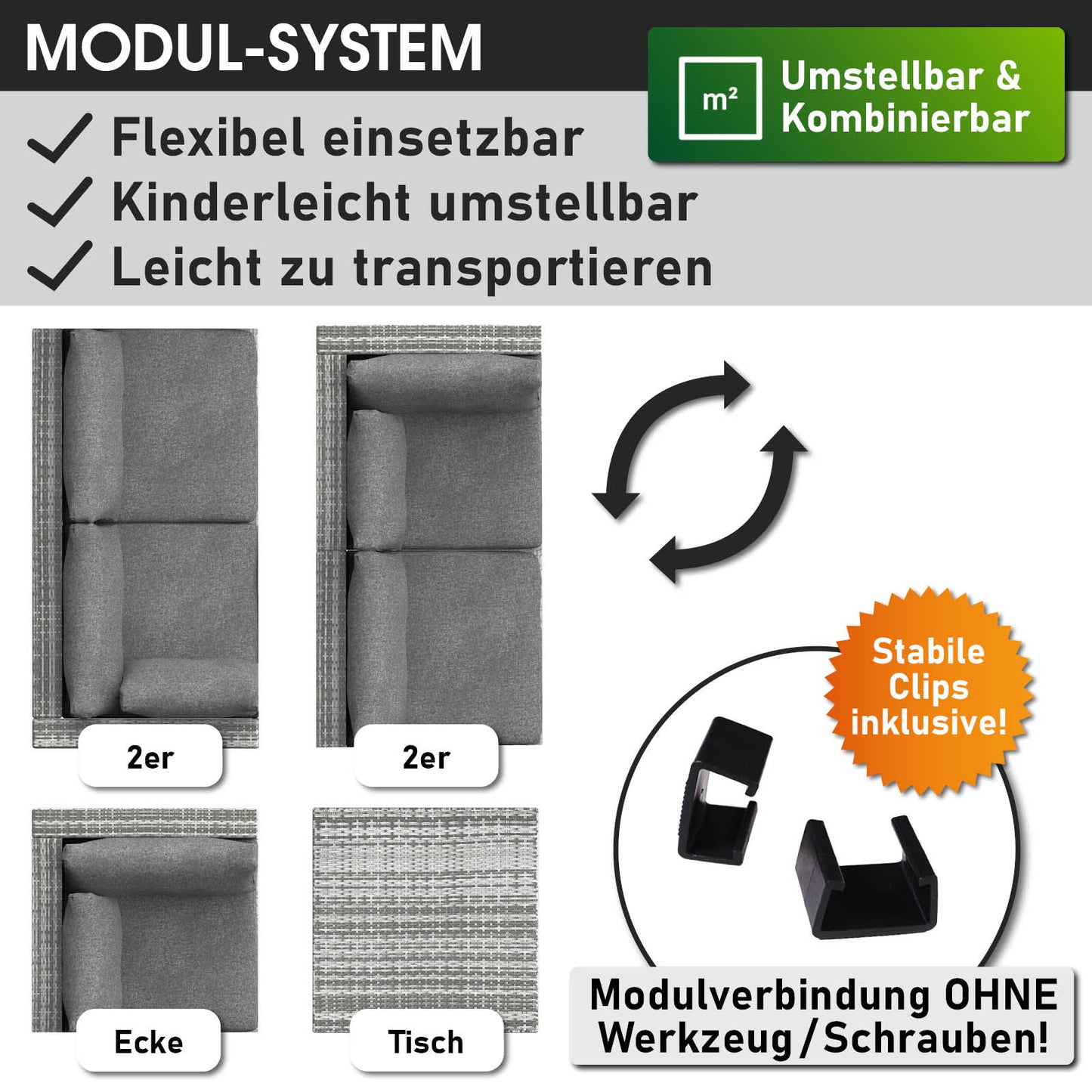 Graues Polyrattan Loungemöbel Set mit modularen 2er-Elementen und Eckmodul, flexibel kombinierbar für Garten Lounge Möbel.
