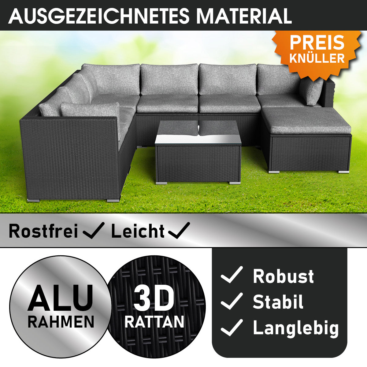 Rattan Gartenlounge Set LUXUS schwarz