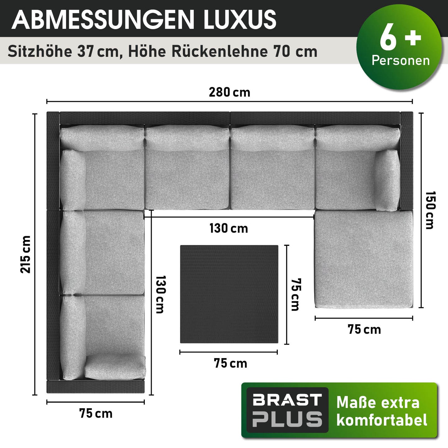 Schwarzes Rattan Lounge Gartenmöbel Set mit großzügiger L-Form, Polyrattan Loungemöbel für 6+ Personen.