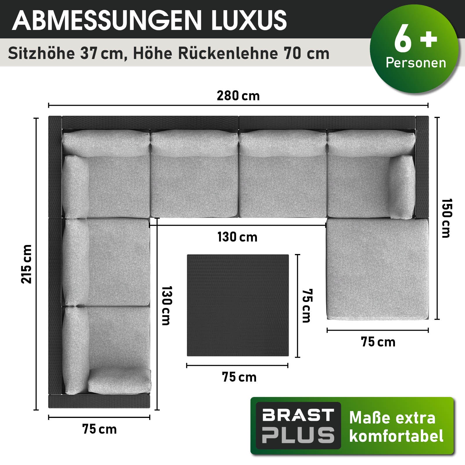 Schwarzes Rattan Lounge Gartenmöbel Set mit großzügiger L-Form, Polyrattan Loungemöbel für 6+ Personen.