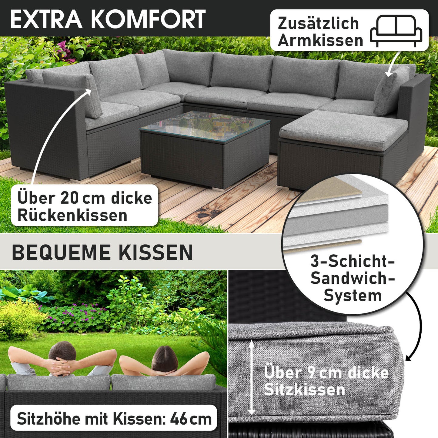 Schwarzes Rattan Lounge Gartenmöbel Set mit grauen, dicken Sitz- und Rückenkissen, Loungemöbel Set mit Glas-Tischplatte.