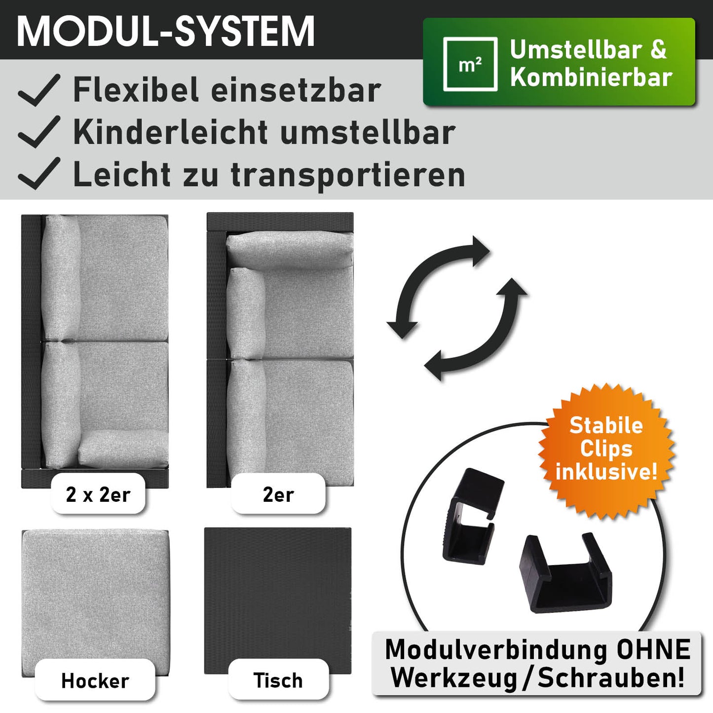 Modulares schwarzes Rattan Lounge Möbel Set mit Hocker, Tisch und flexiblen Modulen, Garten Lounge Möbel.