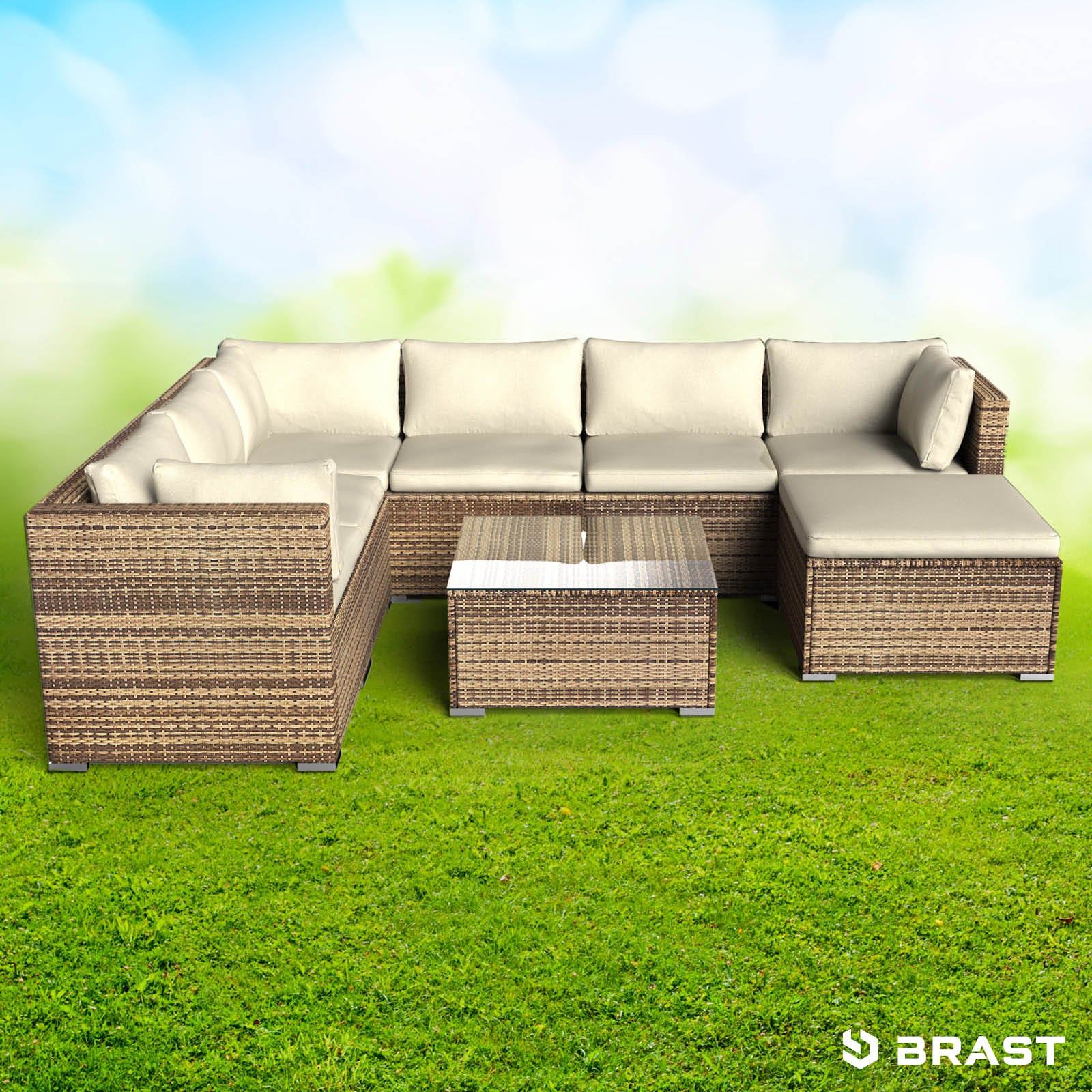 Braunes Rattan Lounge Gartenmöbel Set mit cremefarbenen Polstern und Glas-Tischplatte, Loungemöbel Set.