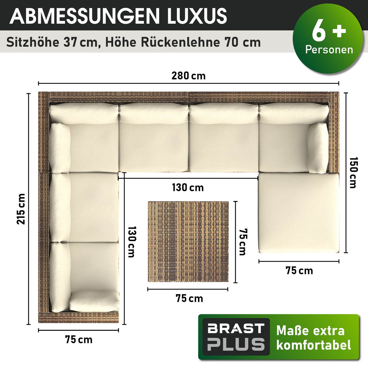 Braunes Rattan Lounge Gartenmöbel Set für 6 Personen mit beigen Polstern und quadratischem Tisch.