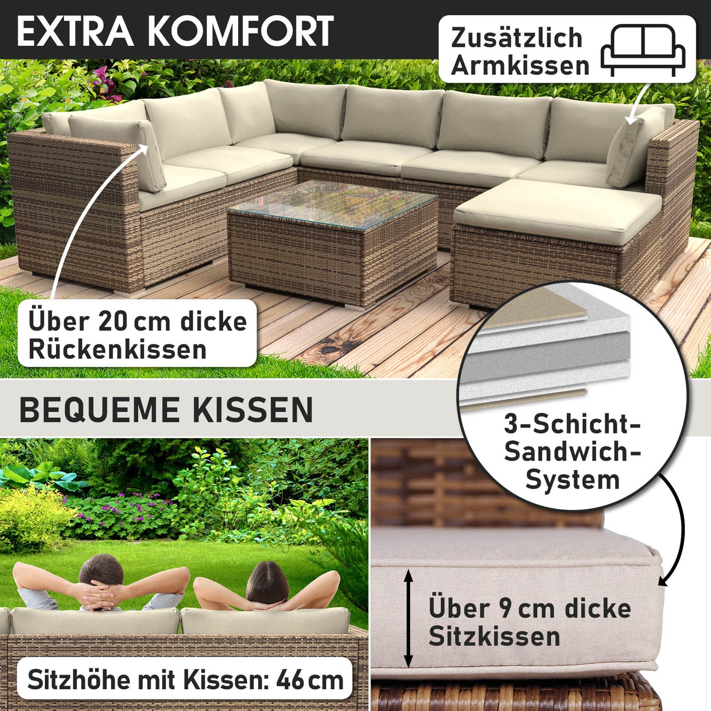 Braunes Rattan Lounge Gartenmöbel Set mit großzügigen, beigen Polsterkissen und Glas-Tischplatte, Loungemöbel Komfort.