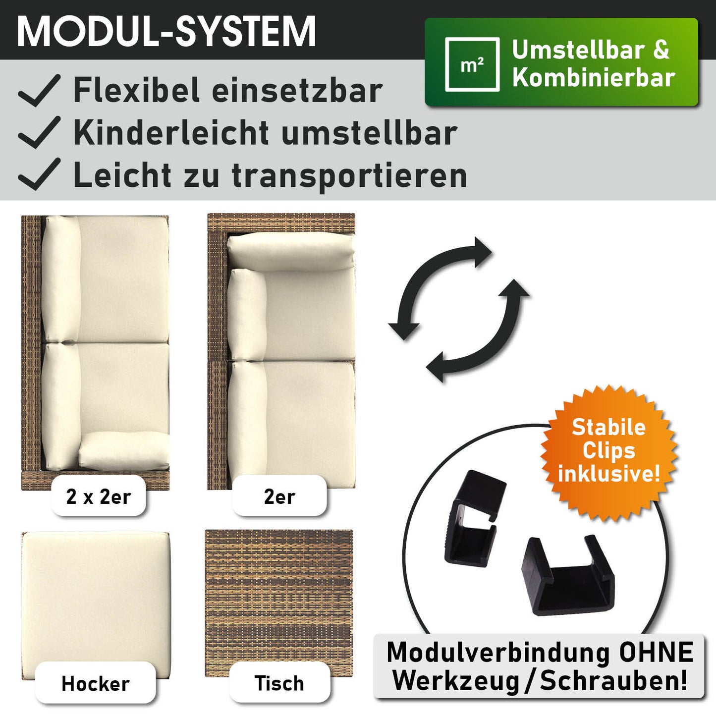 Braunes Rattan Lounge Möbel Set mit flexibel kombinierbaren Modulen, Polyrattan Garten Lounge Möbel, Loungemöbel Set mit.