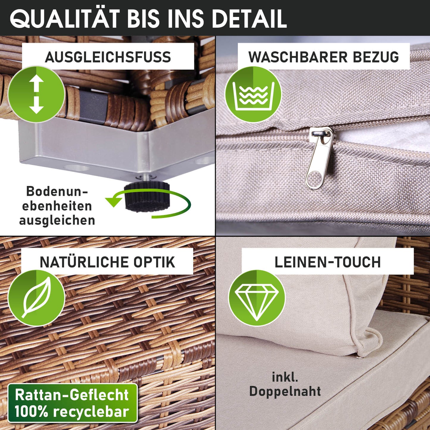 Braunes Rattan Lounge Gartenmöbel Set mit waschbaren Bezügen und verstellbaren Ausgleichsfüßen.