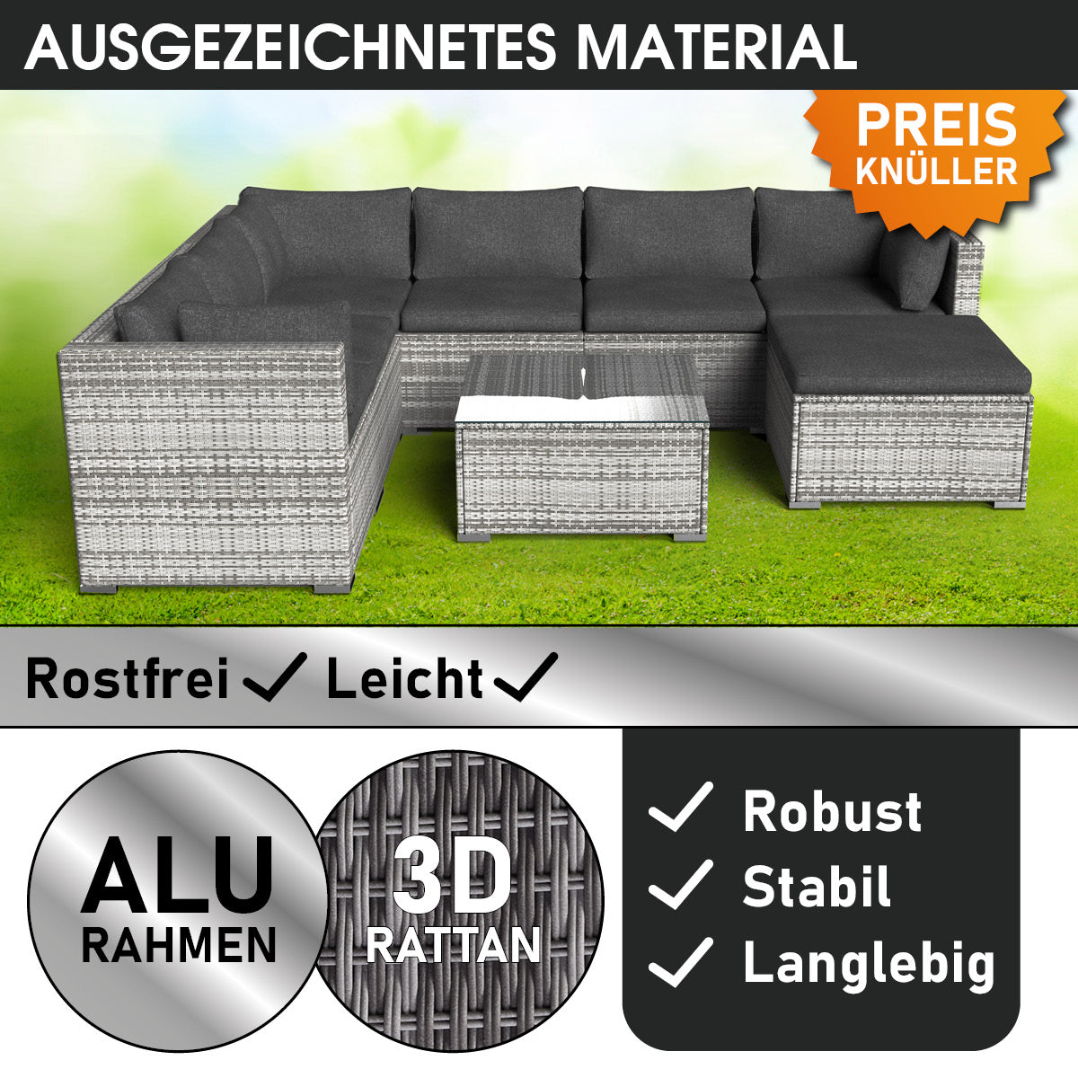Rattan Gartenlounge Set LUXUS grau