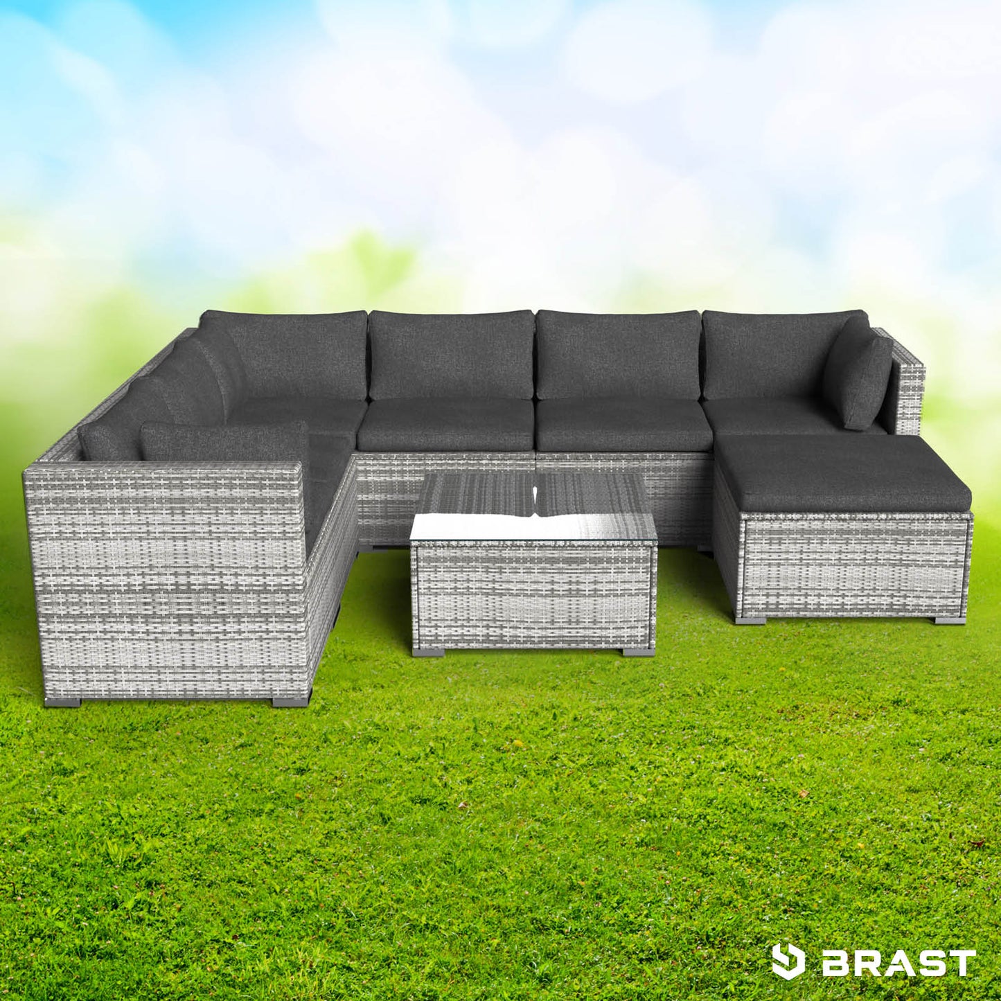Graue Rattan Lounge Gartenmöbel mit Polyrattan, modularem Loungemöbel Set und Tisch.