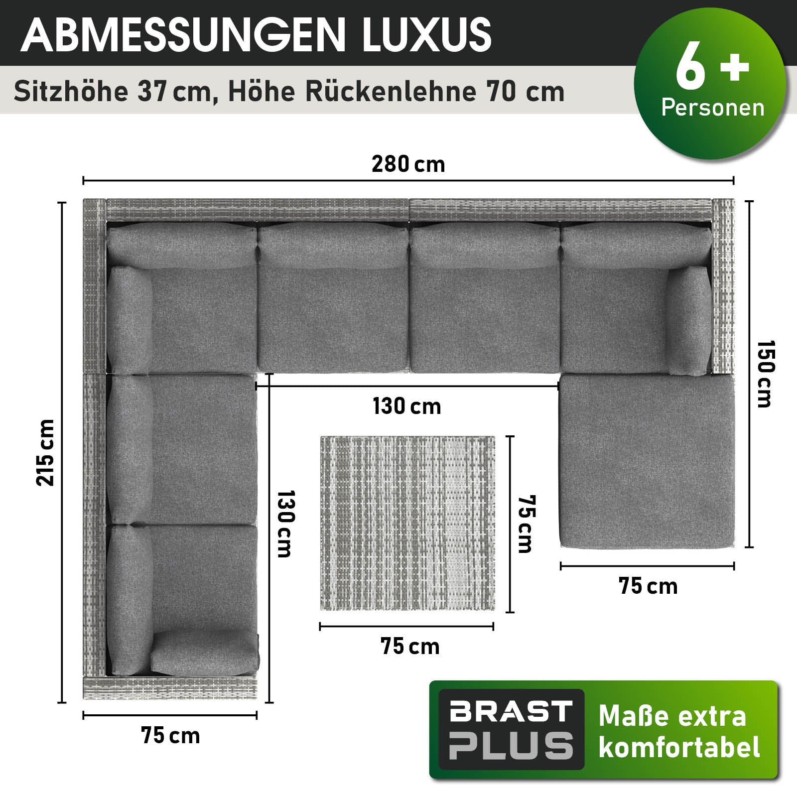Grau gepolstertes Rattan Lounge Gartenmöbel Set für 6+ Personen, Ecksofa mit Tisch, Loungemöbel Set.