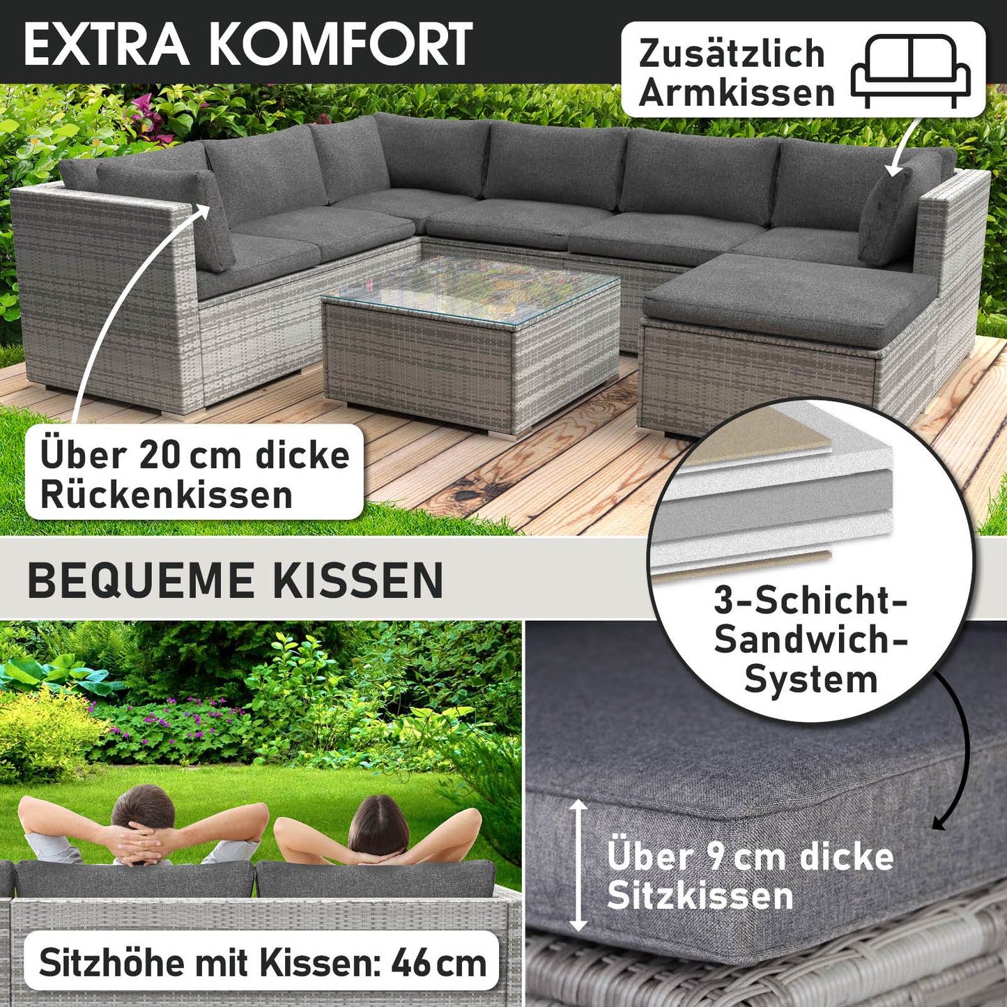 Grau Rattan Lounge Gartenmöbel Set mit dicken Rückenkissen und Sitzkissen für extra Komfort.