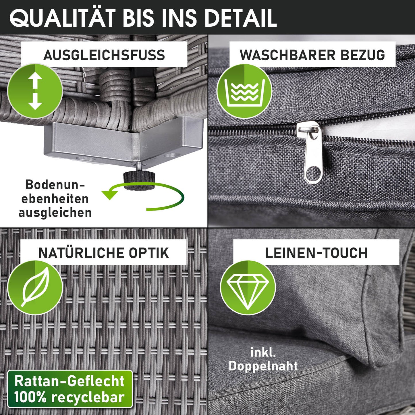 Grau meliertes Lounge Gartenmöbel Set aus recycelbarem Rattan mit waschbarem Leinenbezug und verstellbaren Ausgleichsfüßen.