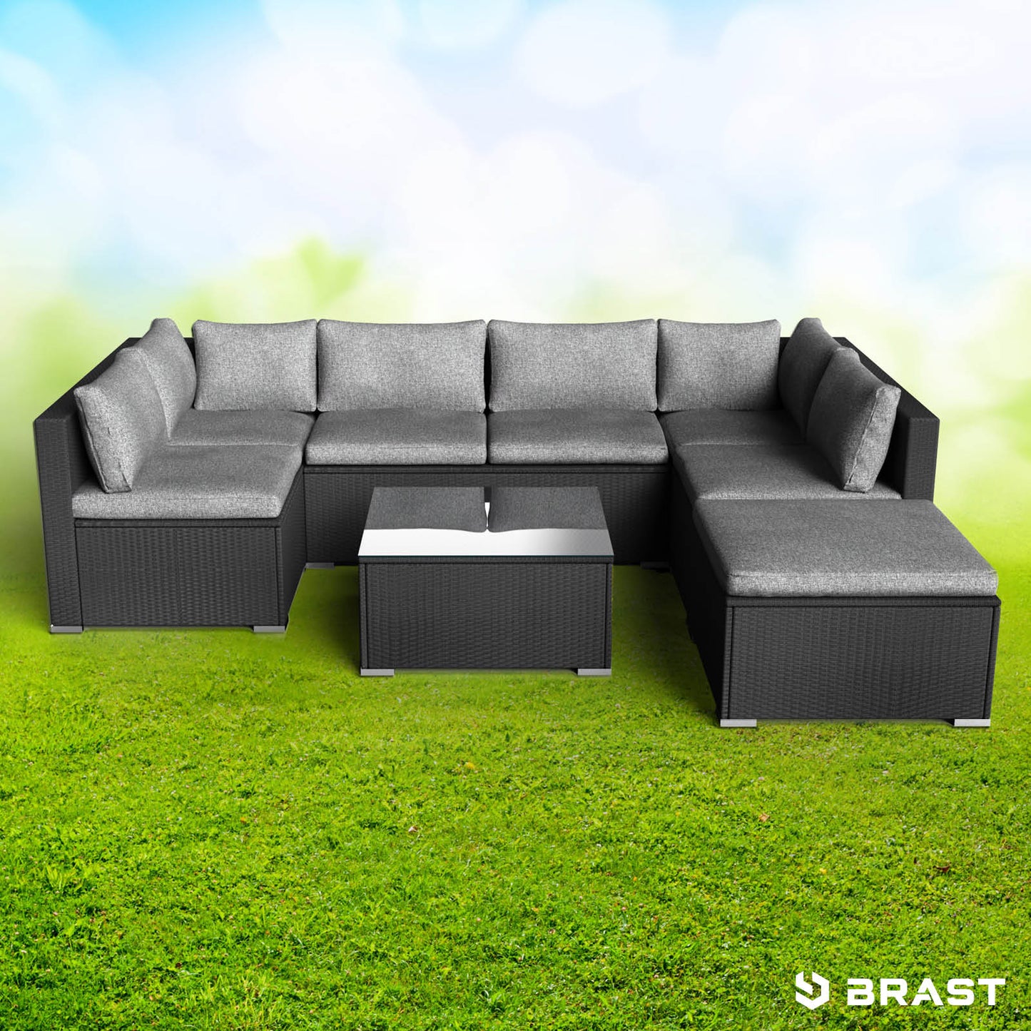 Schwarzes Poly Rattan Lounge Möbel Set mit grauen Polstern, Lounge Gartenmöbel mit Ecksofa und Tisch, modernes Loungemöbel.