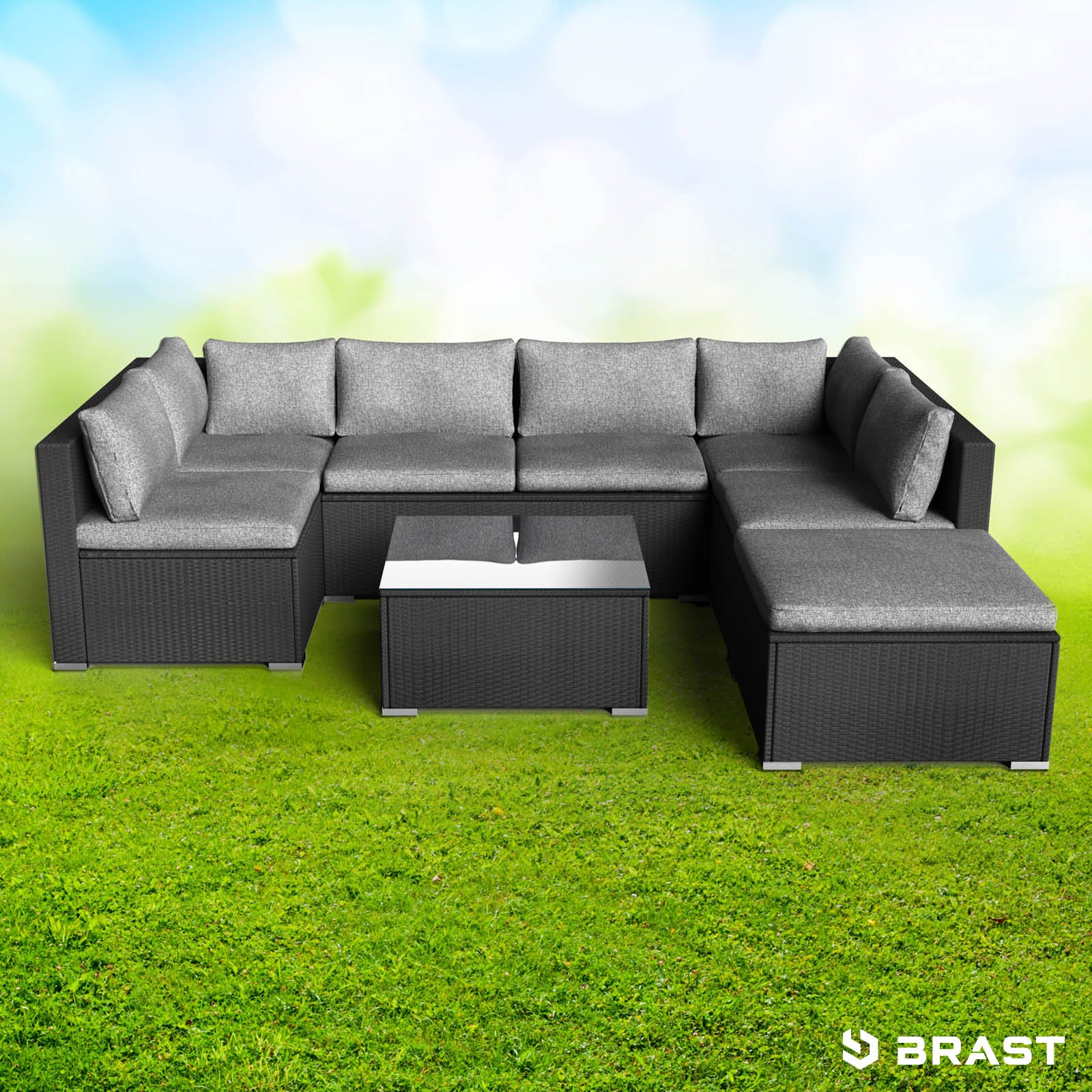 Schwarzes Poly Rattan Lounge Möbel Set mit grauen Polstern, Lounge Gartenmöbel mit Ecksofa und Tisch, modernes Loungemöbel.
