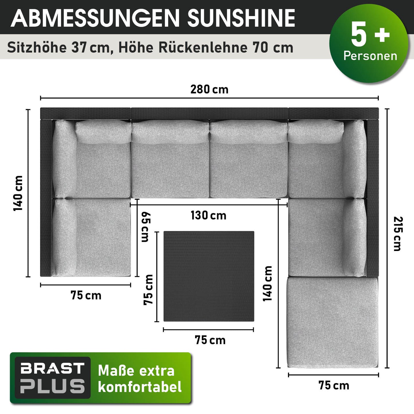 Schwarzes Polyrattan Loungemöbel Set SUNSHINE in L-Form mit grauen Polstern, Garten Lounge Möbel.