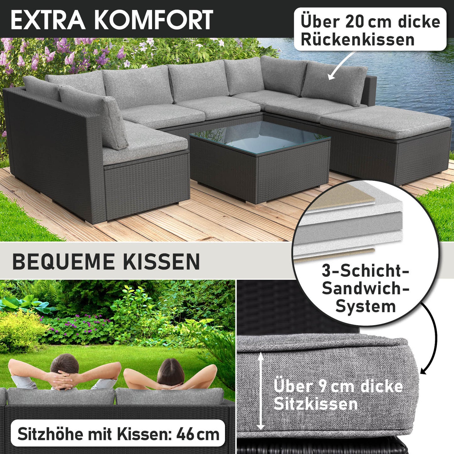 Schwarzes Poly Rattan Lounge Set mit grauen, dicken Sitz- und Rückenkissen, loungemöbel set für den Garten.