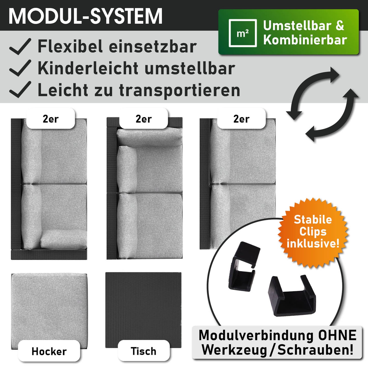 Schwarzes Poly Rattan Loungemöbel Set mit grauen Polstern, modulare Lounge Gartenmöbel mit Clips und flexiblem Aufbau.