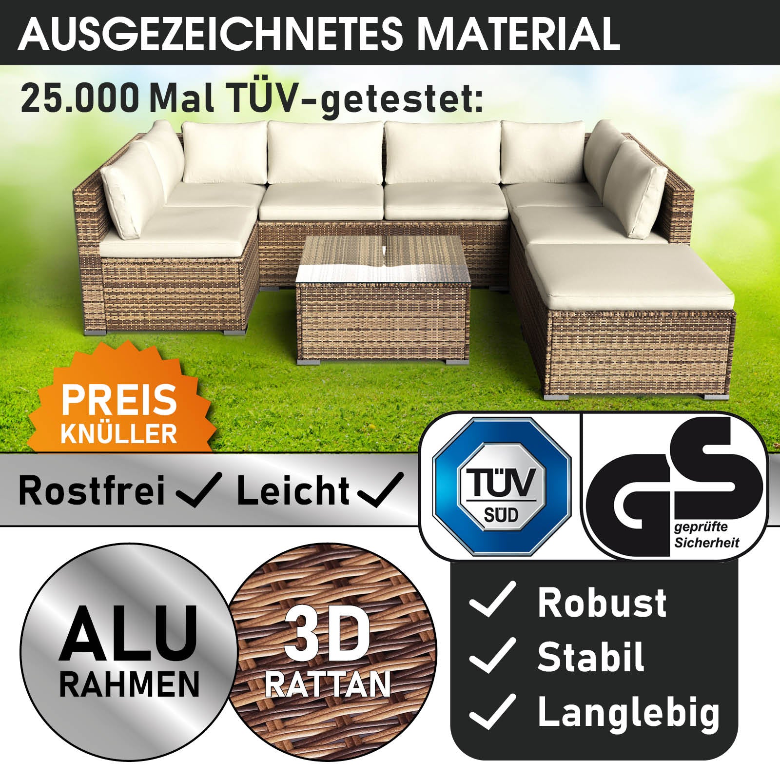Braunes Poly Rattan Loungemöbel Set mit Alurahmen, cremefarbene Polster, Garten Lounge Möbel.