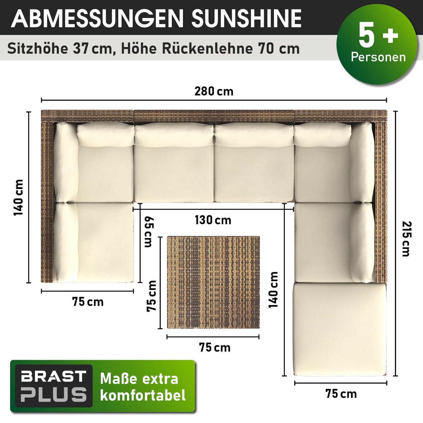 Braunes Poly Rattan Lounge Möbel Set in L-Form mit Polsterkissen und Tisch, Garten Lounge Möbel.