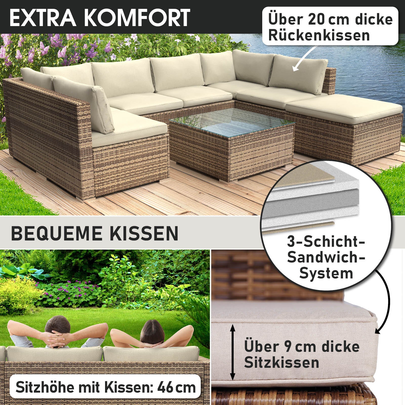 Braunes Poly Rattan Lounge Möbel Set mit dicken, beigen Kissen für Garten Lounge Möbel.