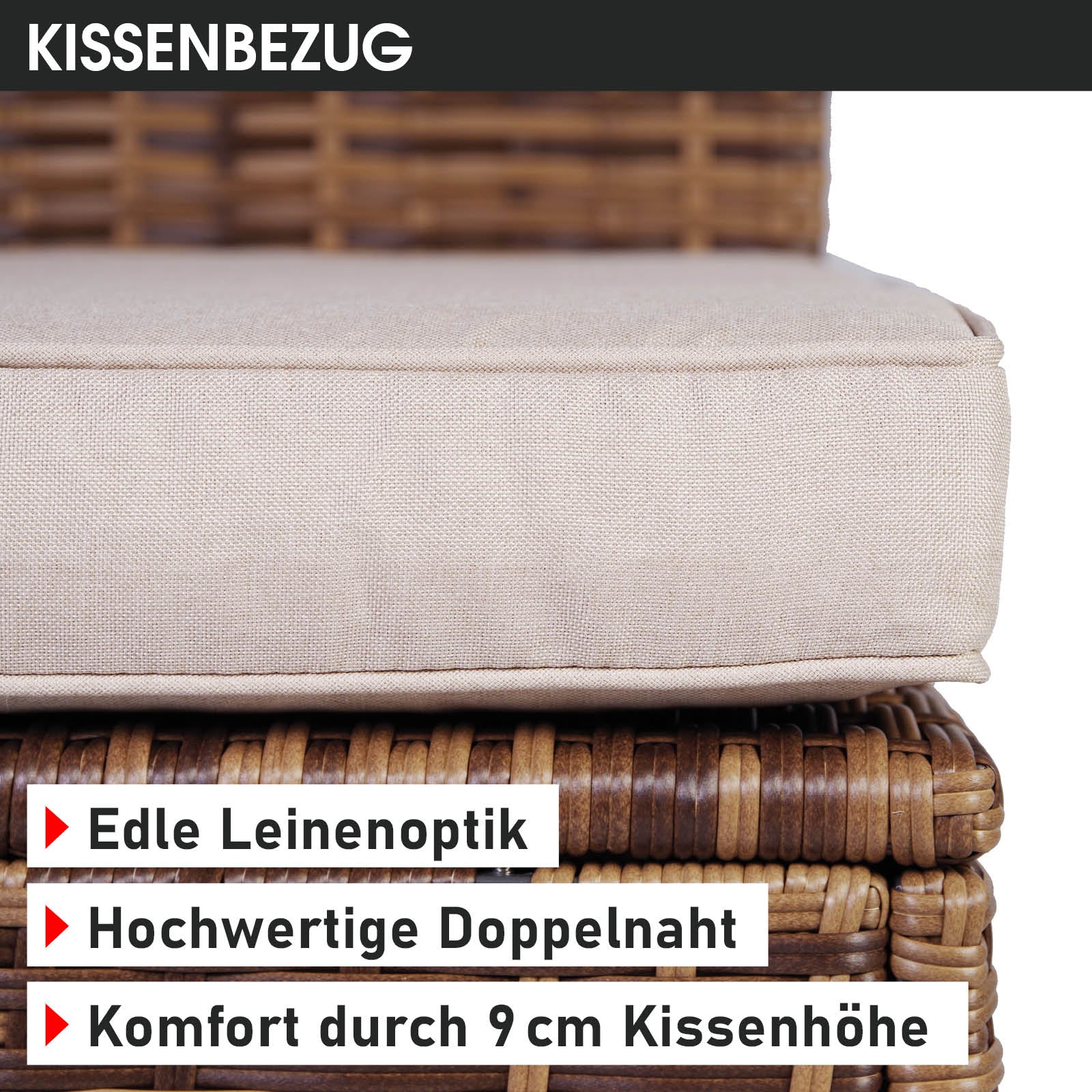 Braunes Polyrattan Lounge Gartenmöbel Set mit hellbeigem Leinencover und 9 cm hohen Kissen, Loungemöbel.