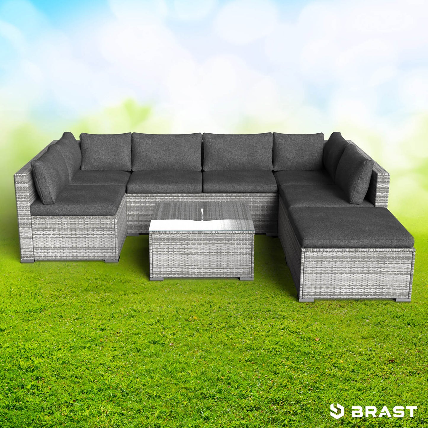 Graues Poly Rattan Lounge Set mit Polstern, L-förmiges Loungemöbel Set für Garten Lounge Möbel.
