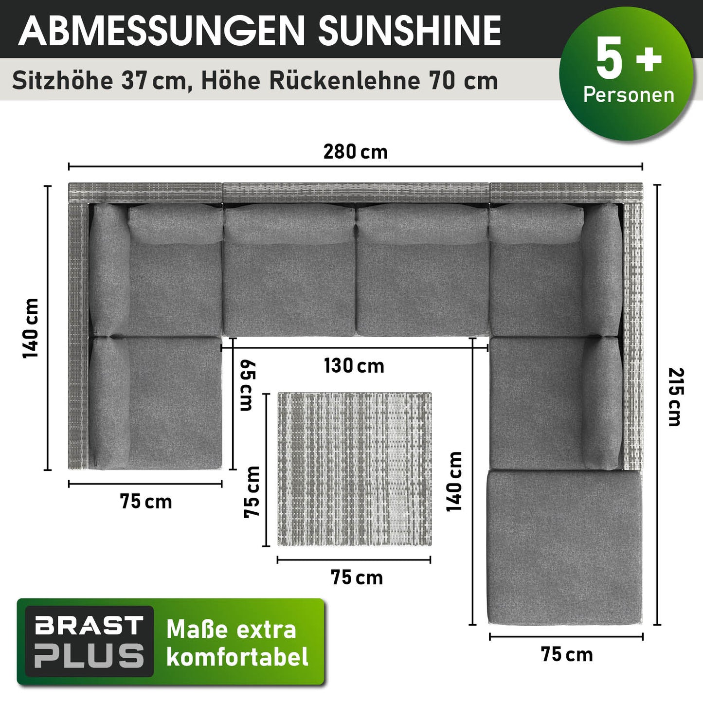 Graues Poly Rattan Lounge Set SUNSHINE mit L-Form, Tisch und Polster für 5+ Personen, Lounge Gartenmöbel.