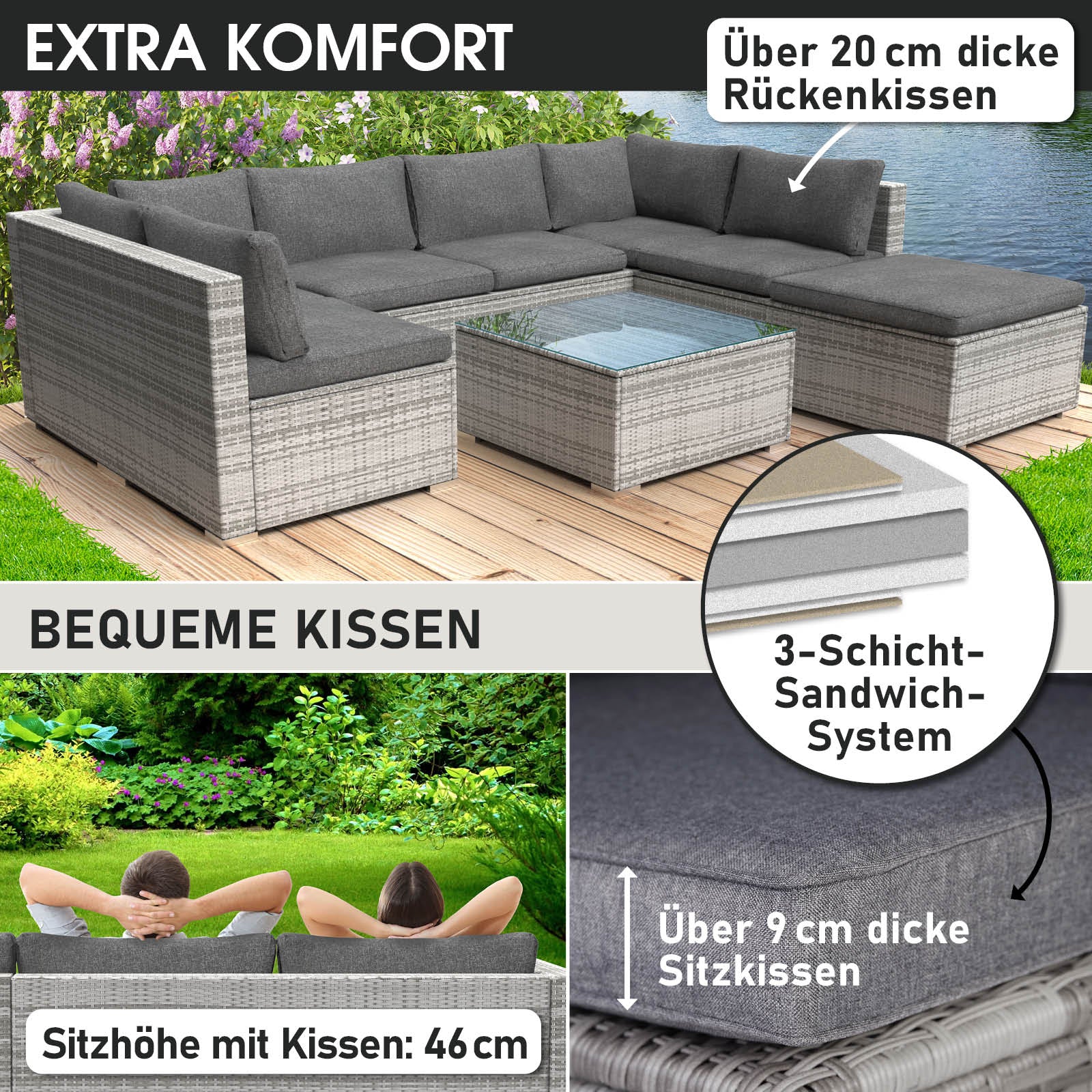 Graues Poly Rattan Loungemöbel Set mit extra dicken Rückenkissen und Sitzkissen, Garten Lounge Möbel.