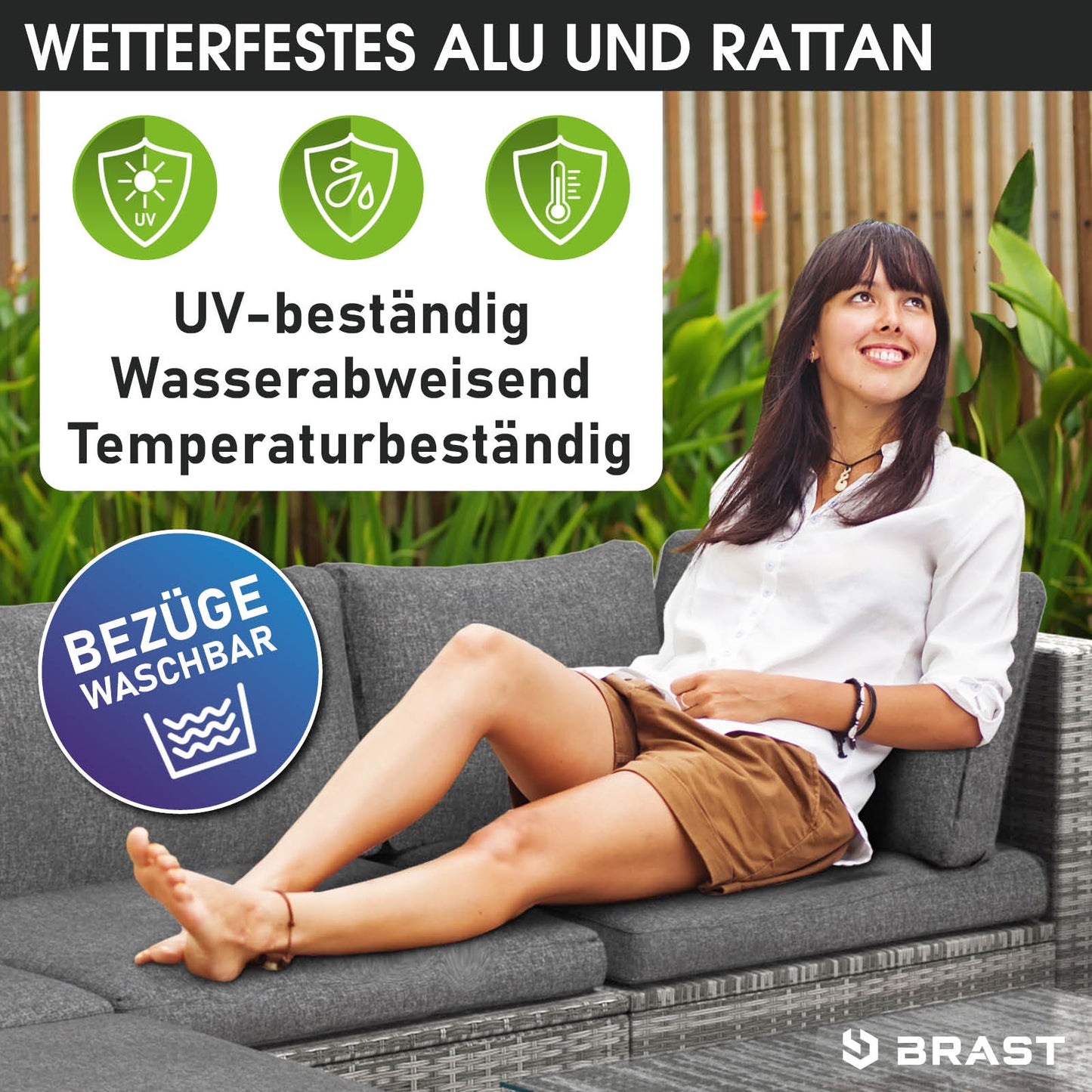 Graues Poly Rattan Lounge Set SUNSHINE mit breitem Sofa, dicken Polstern und wetterfestem Bezug, modernes Loungemöbel.