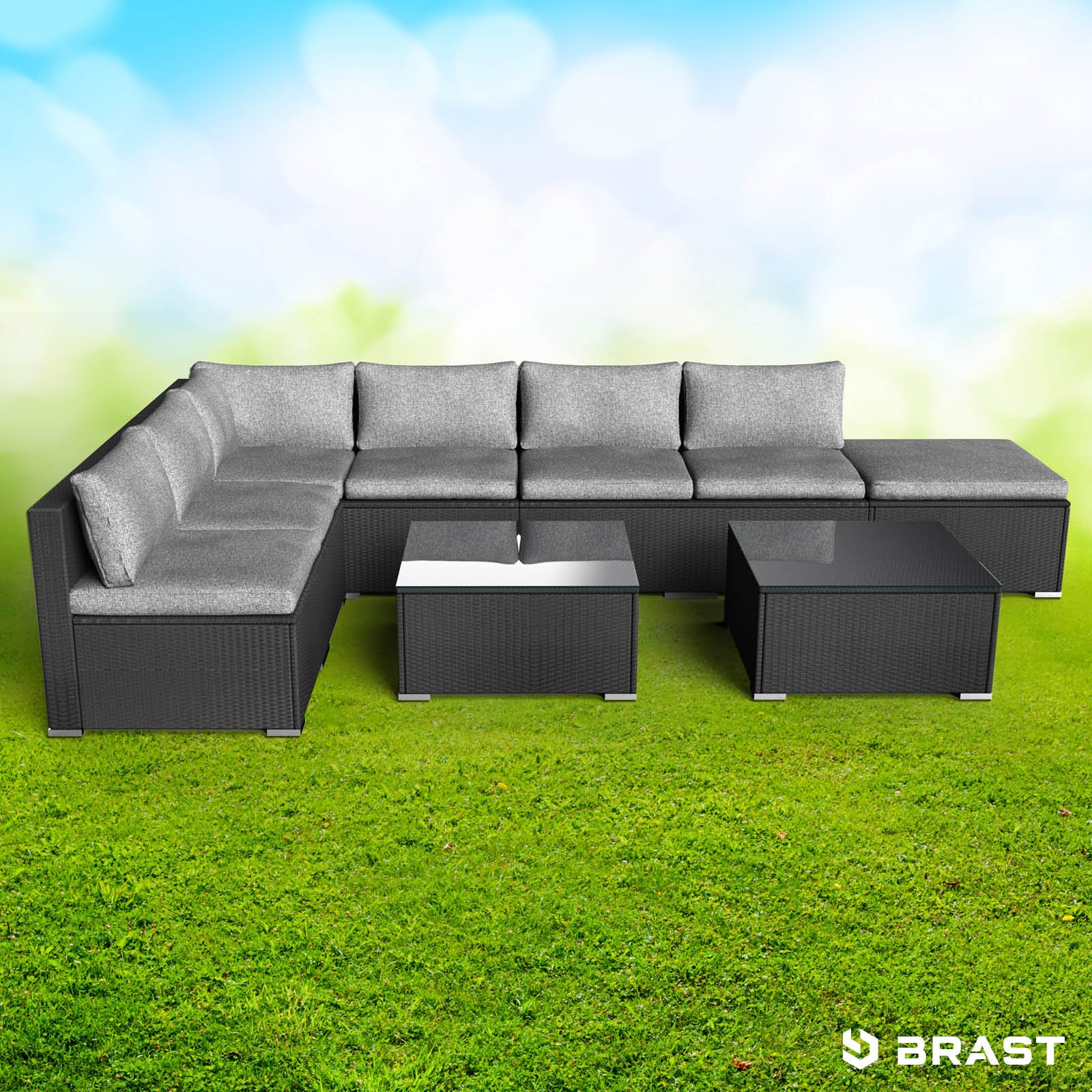 Schwarzes Polyrattan Loungemöbel Set mit grauen Kissen, Ecksofa und zwei Tischen, Garten Lounge Möbel.