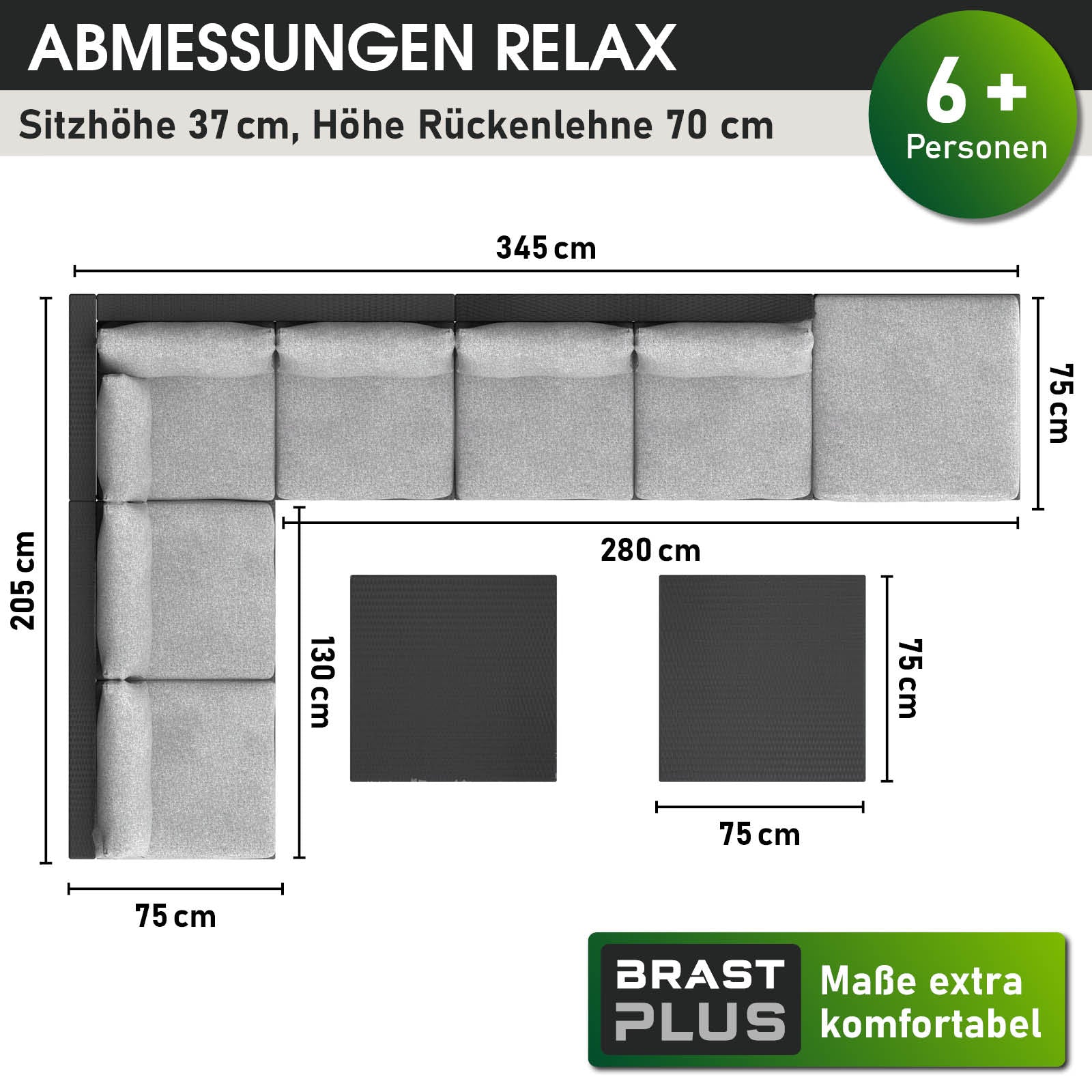 Schwarzes Polyrattan loungemöbel set in L-Form mit Polstern, als Lounge Gartenmöbel für 6+ Personen.
