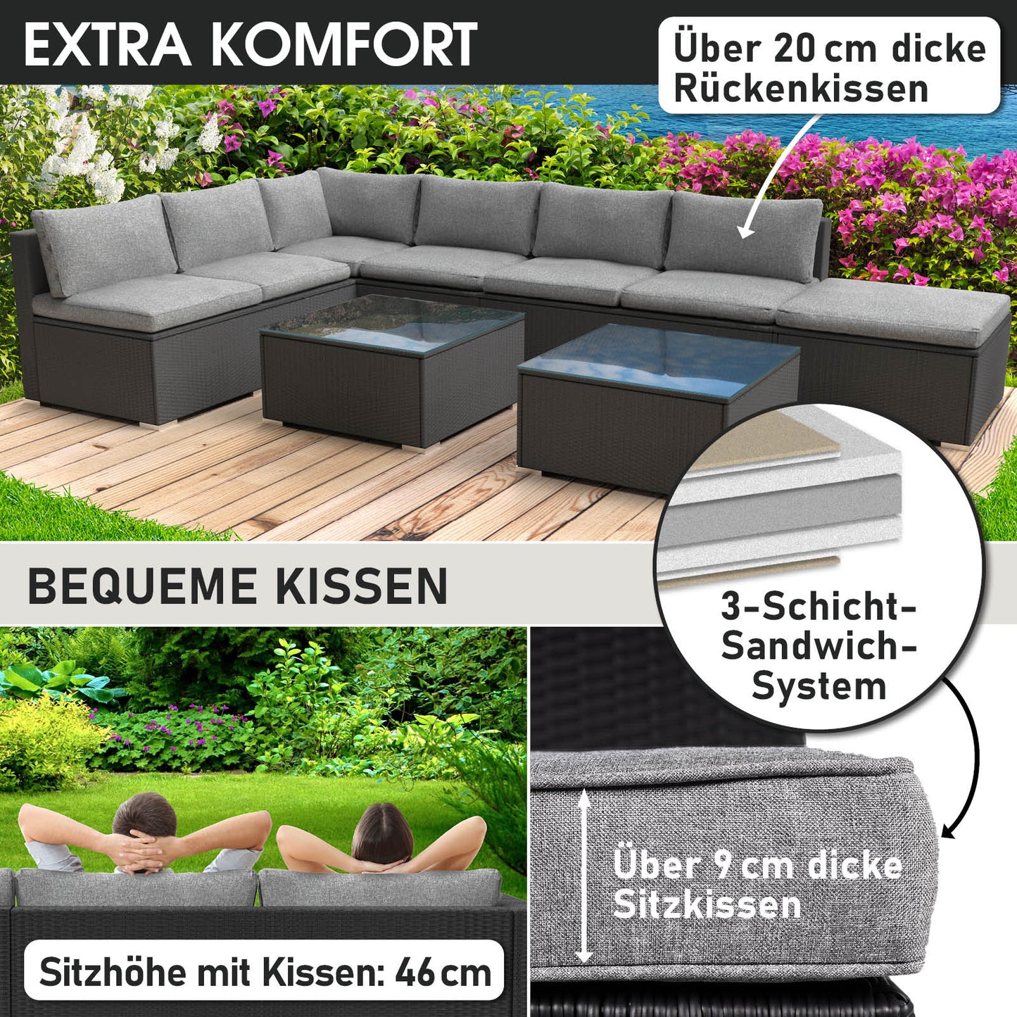 Schwarzes Polyrattan Lounge Gartenmöbel Set mit grauen Kissen und Ecksofa, Loungemöbel Set mit Tisch.