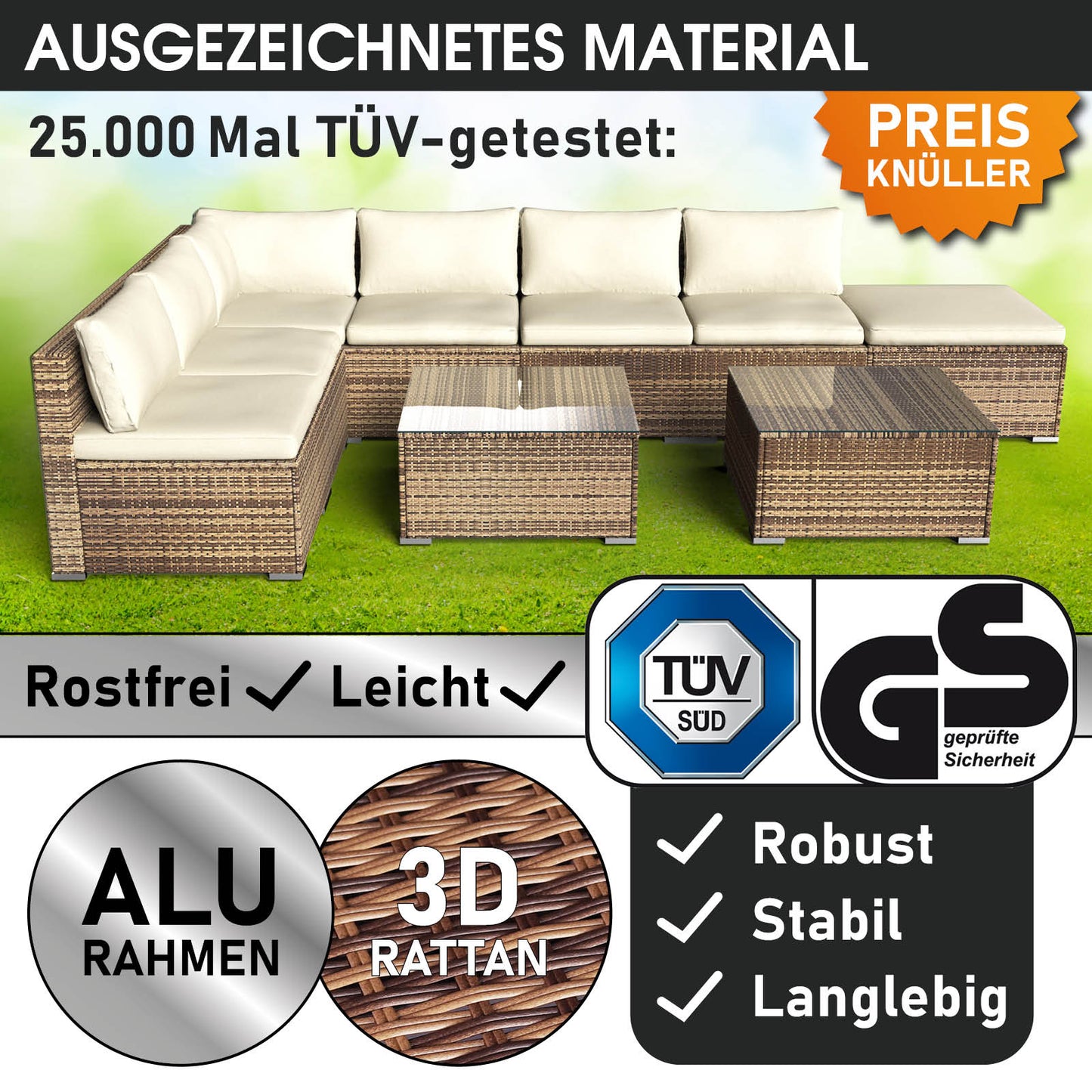 Braunes Polyrattan Lounge Gartenmöbel Set mit cremefarbenen Kissen und Glastisch, Loungemöbel Set für Garten.