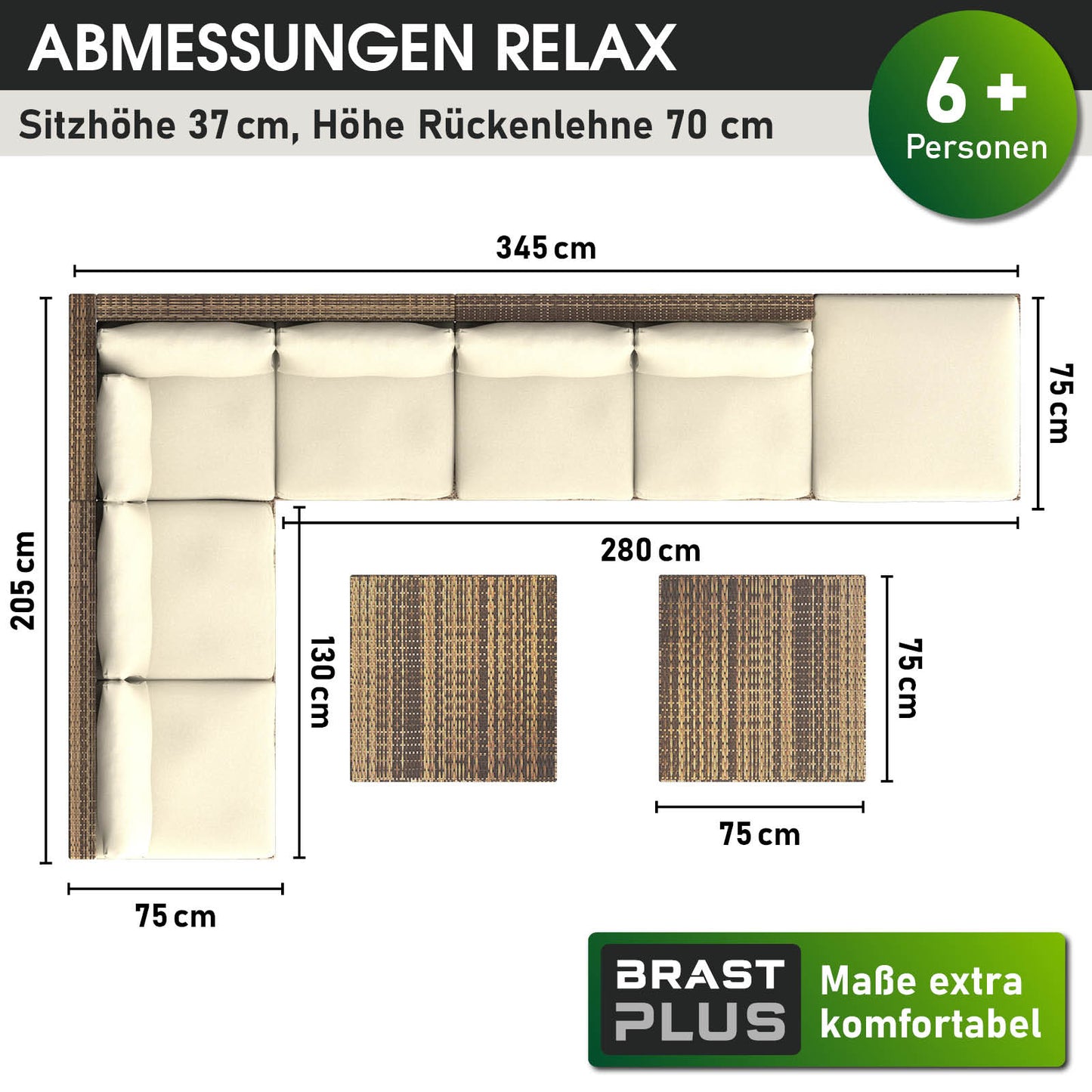 Polyrattan Loungemöbel Set RELAX in Braun, XL L-Form, cremefarbene Polster, Garten Lounge Möbel für 6+ Personen.