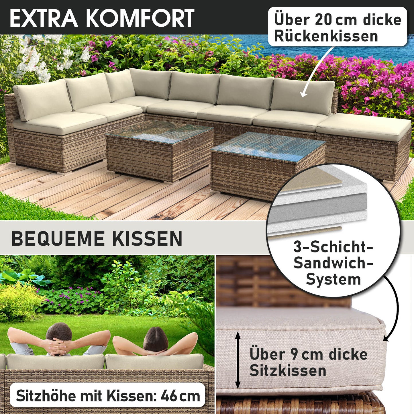 Braunes Polyrattan Loungemöbel Set mit beigen Polstern, XL Garten Lounge Möbel mit dickem Sitz- und Rückenkissen.