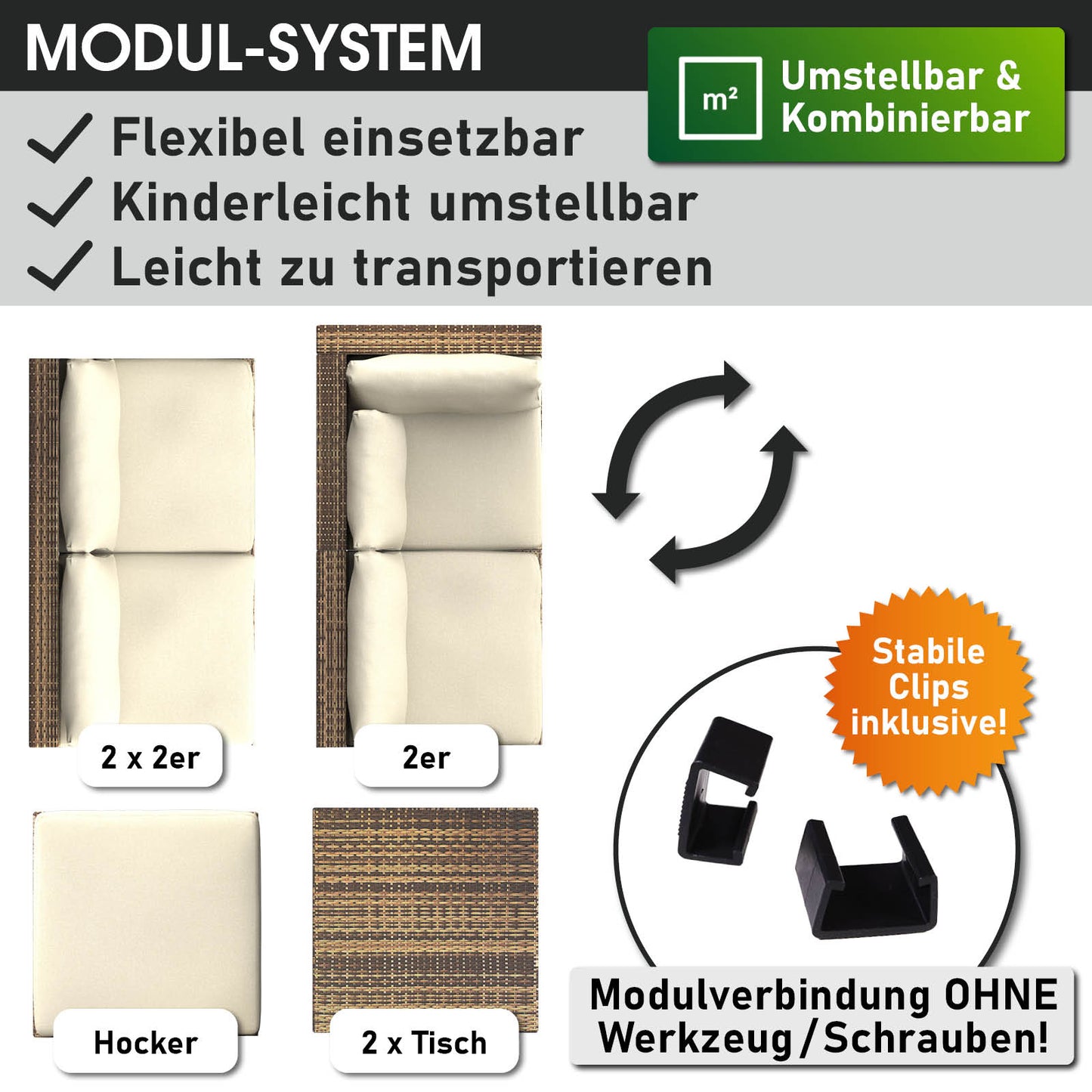 Braunes Polyrattan Loungemöbel Set mit modularen Garten Lounge Möbeln und stabilen Clips.