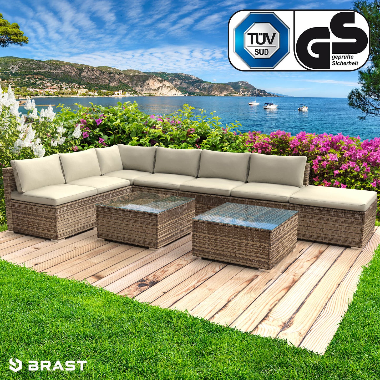 Braunes Polyrattan Loungemöbel Set mit hellen Kissen, bestehend aus XXL Lounge Gartenmöbeln und zwei Tischen mit.